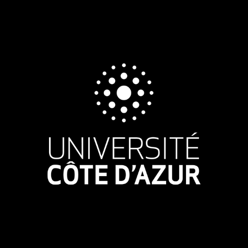 Logotipo da Université Côte d'Azur com símbolo de círculos e texto em branco em fundo preto.
