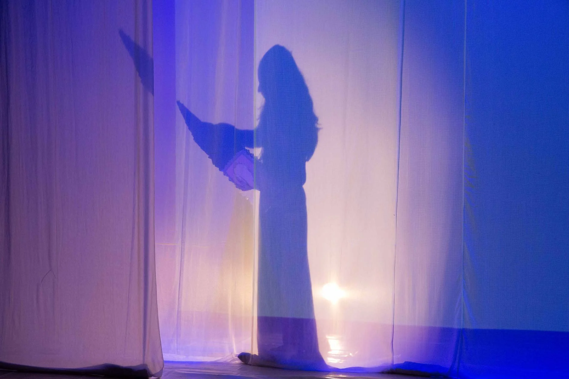 Sombra de uma mulher de cabelo comprido projetada em uma cortina, com iluminação azul e roxa ao fundo.