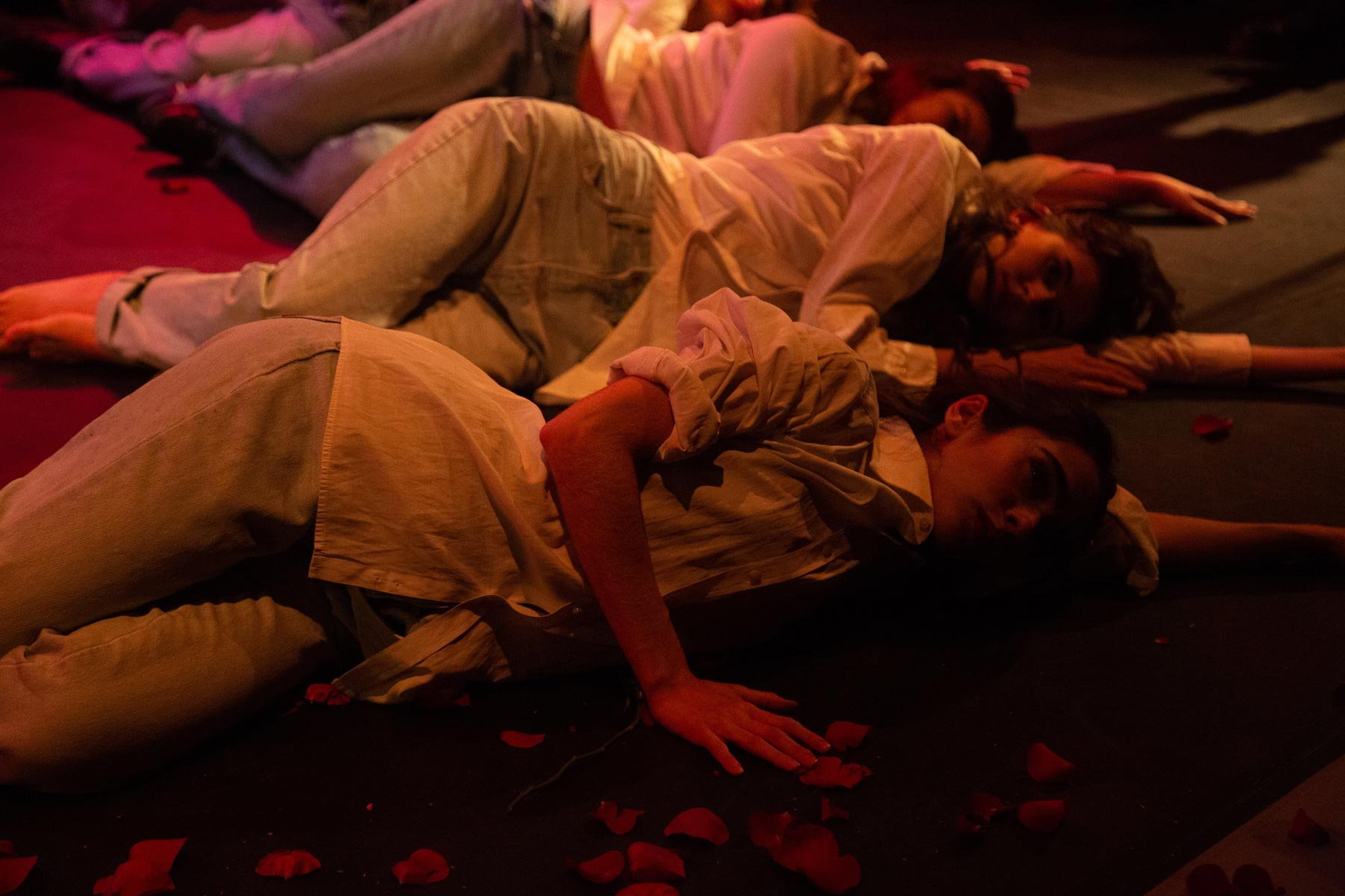 Pessoas deitados no chão, aparentemente em uma performance ou expressão artística, com pétalas de rosa espalhadas ao redor, iluminadas por luzes vermelhas.