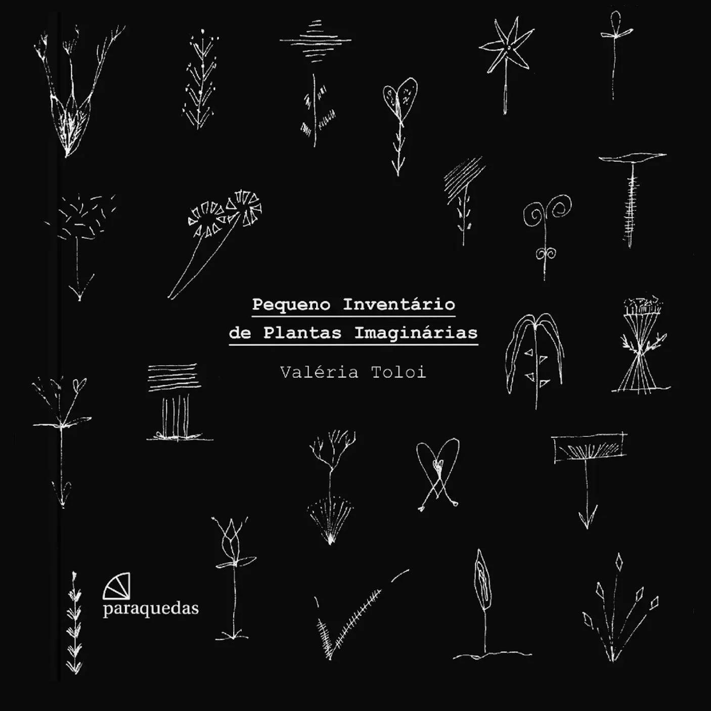 Capa do livro com desenhos simples de plantas imaginárias em fundo preto, título 'Pequeno Inventário de Plantas Imaginárias' e autora Valéria Toloi, com uma marca de published 'paraquedas' no canto inferior esquerdo.