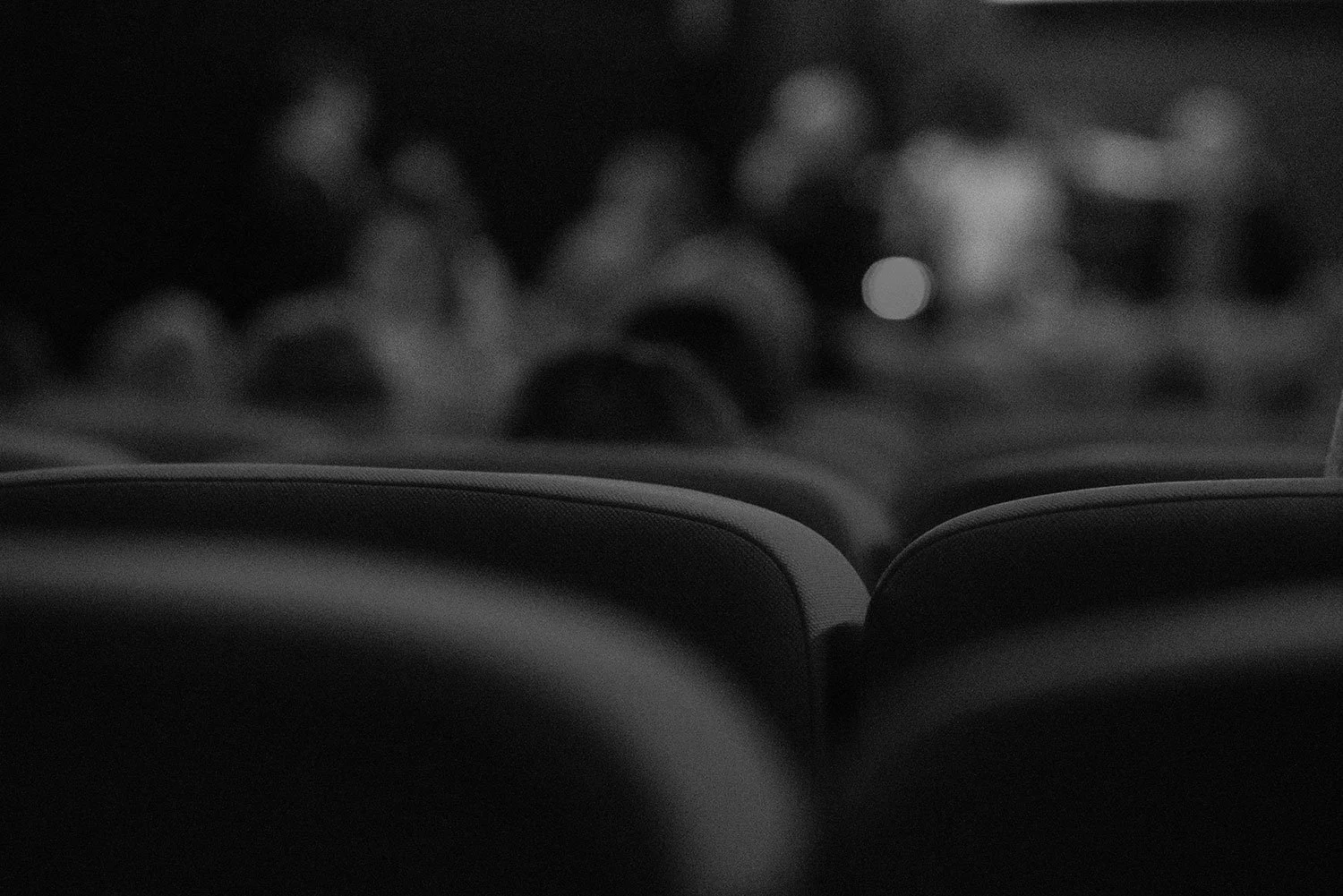 Imagem em preto e branco de uma sala de cinema com assentos, vista de trás. A tela ou o palco não estão visíveis.