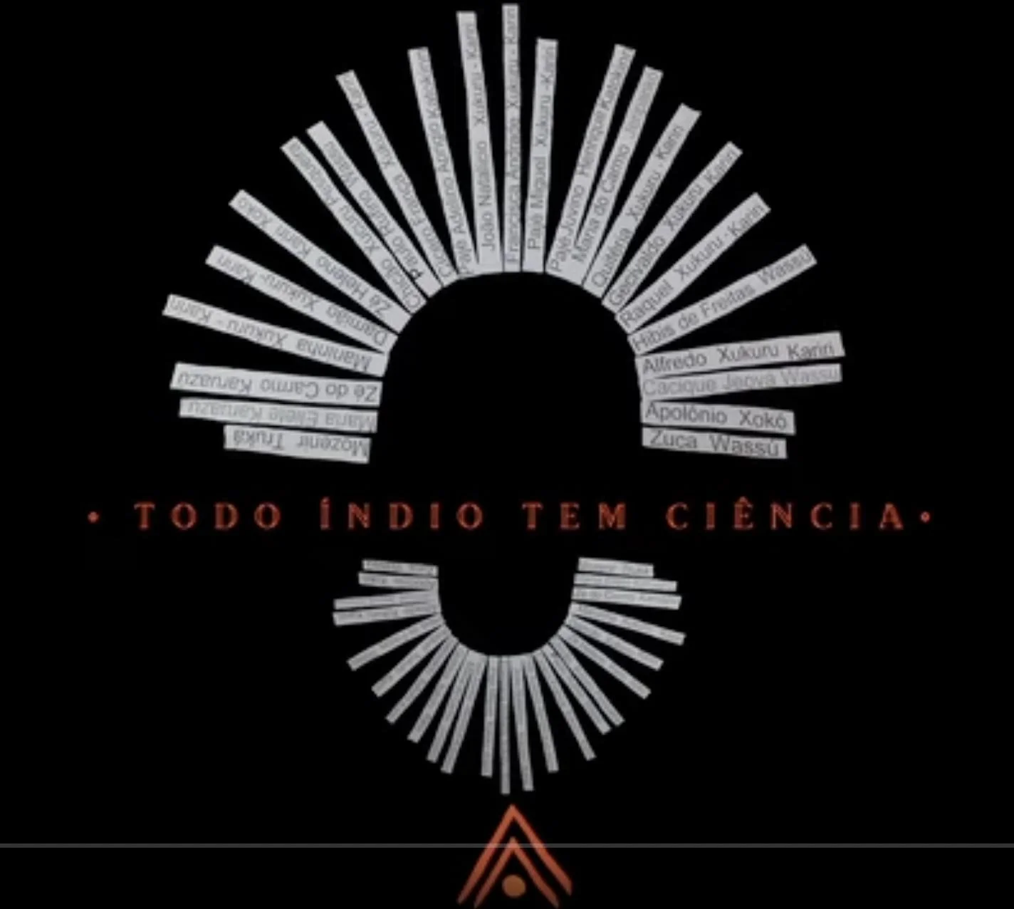 Texto em português: Todo índio tem ciência, com nomes de vários indígenas ao redor. A frase é destacada em vermelho no centro da imagem.