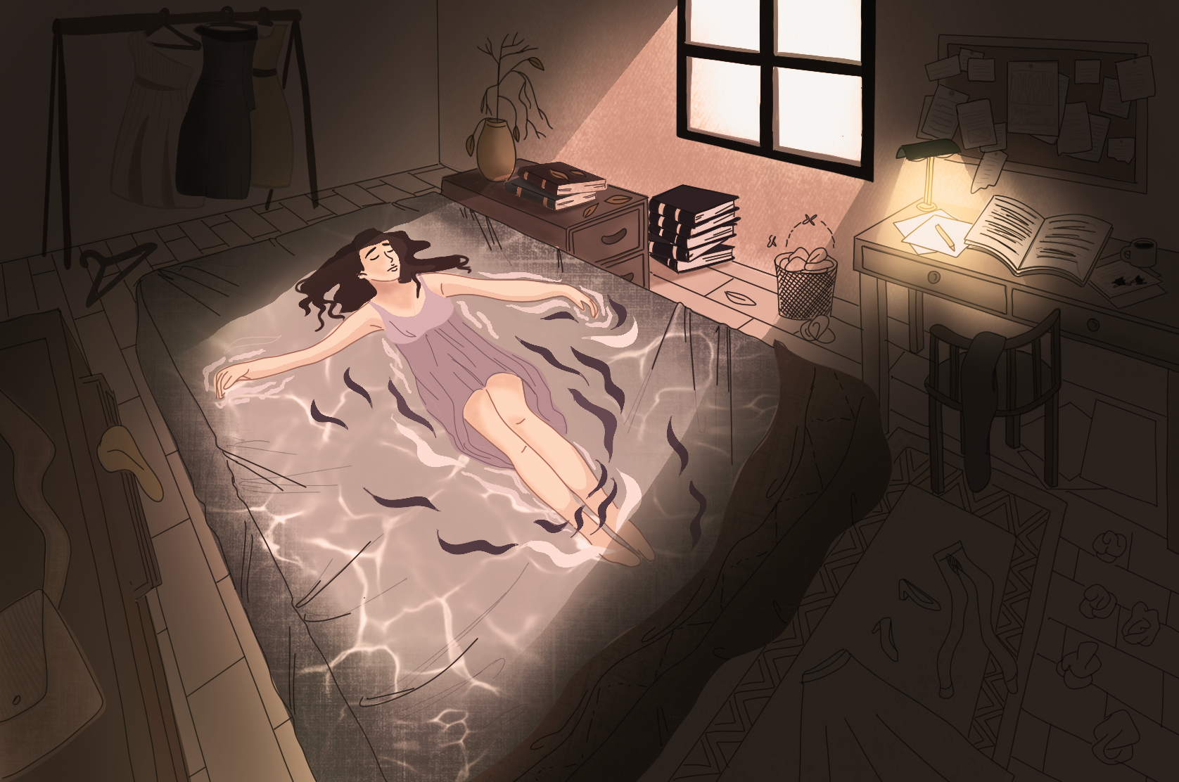 Una mujer acostada en su cama con electricidad alrededor de su cuerpo en una habitación de estilo moderno y desordenada con escritorio, libro, plantas y ropa, en tonalidades oscuras y cálidas.