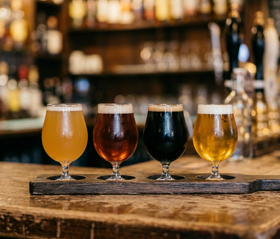 Four small beer glasses with different colored beers on a wooden table in a bar.