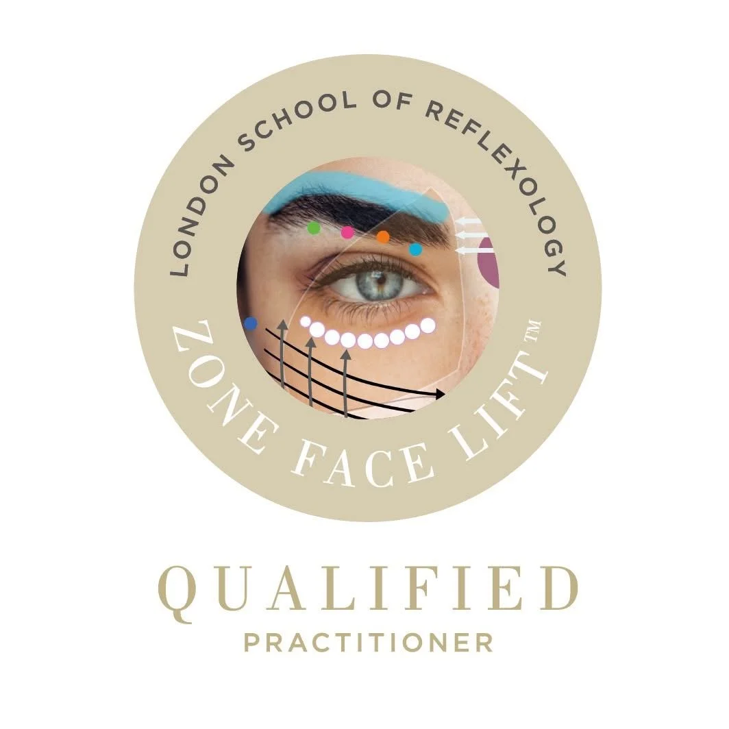 Logo for London School of Reflexology with an eye illustration and text 'Qualified Practitioner'.