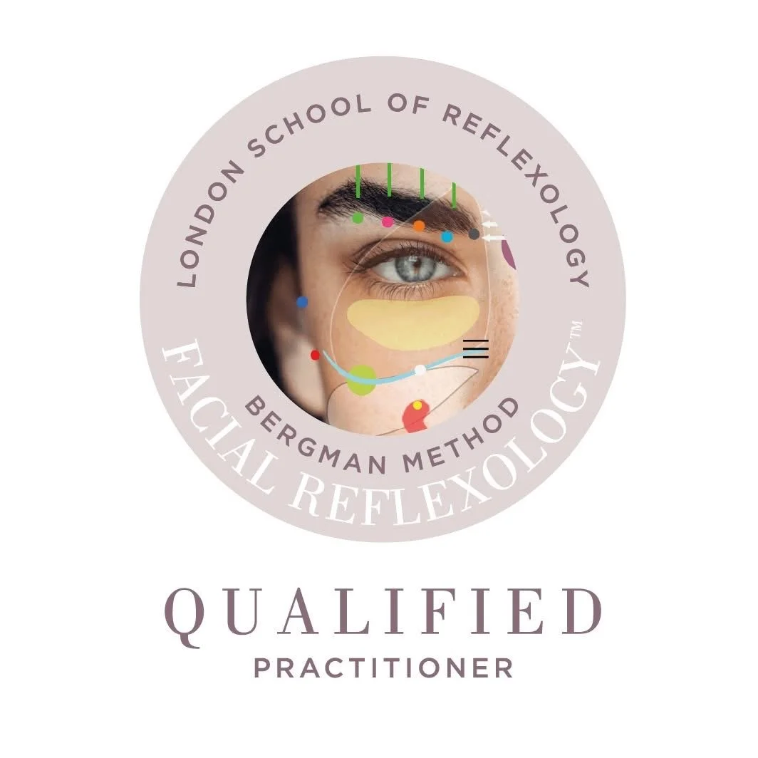 A logo for the London School of Reflexology featuring a woman's face with reflexology points and diagrams overlaid, along with the text 'London School of Reflexology', 'Bergman Method', and 'Qualifed Practitioner'.