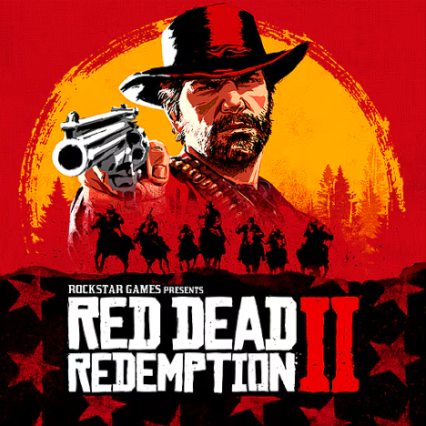 Illustration of a man with a beard wearing a black hat, pointing a revolver directly at the viewer, with a red and yellow background, alongside silhouettes of horseback riders, and the text 'Red Dead Redemption II'.