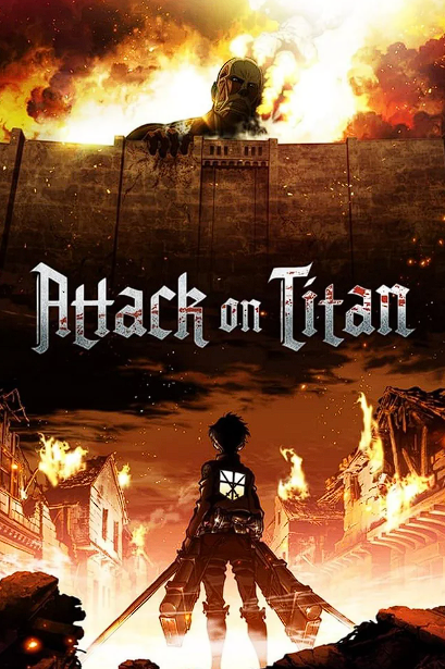 A scene from Attack on Titan depicting a young soldier with vertical maneuvering equipment standing amidst burning buildings, with a giant armored titan looming over a wall and a fiery sky in the background.