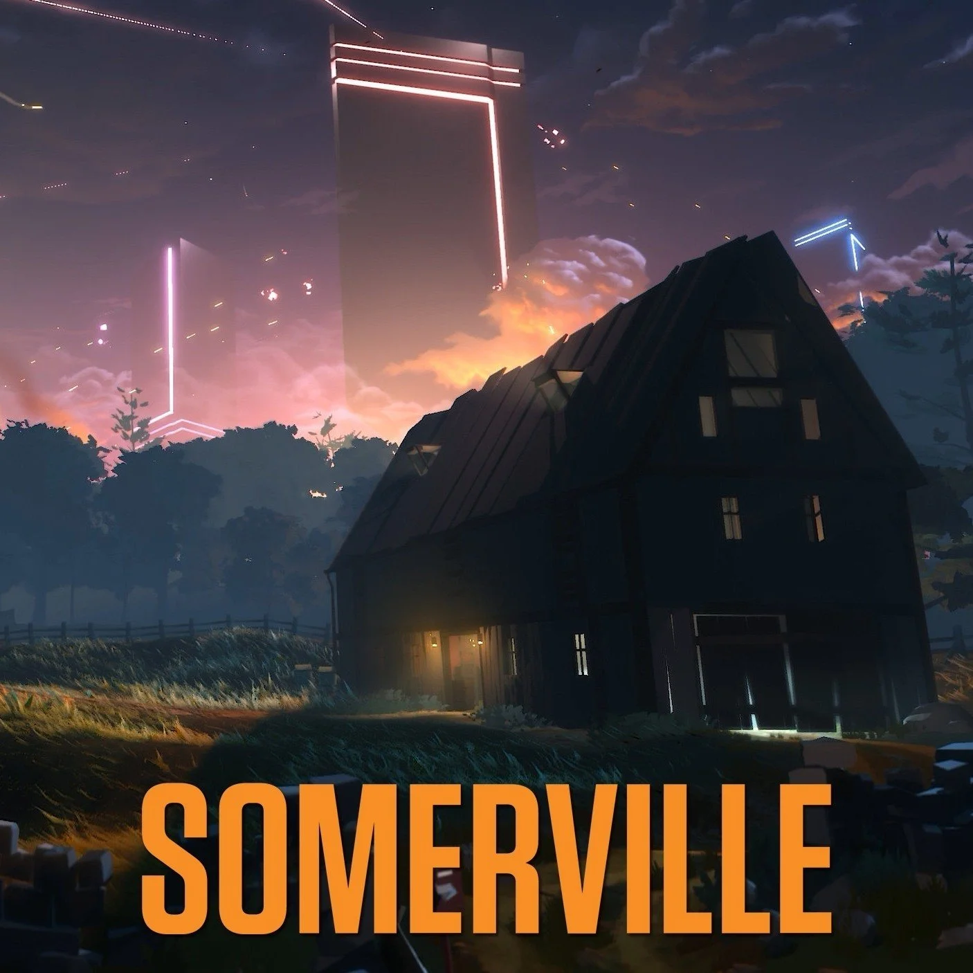 A digital artwork of a dark house with yellow glow lights near a fence, under a vibrant sky with colorful clouds, futuristic glowing neon skyscrapers, and a sunset with pink and orange hues, with the word 'SOMERVILLE' in orange text at the bottom.