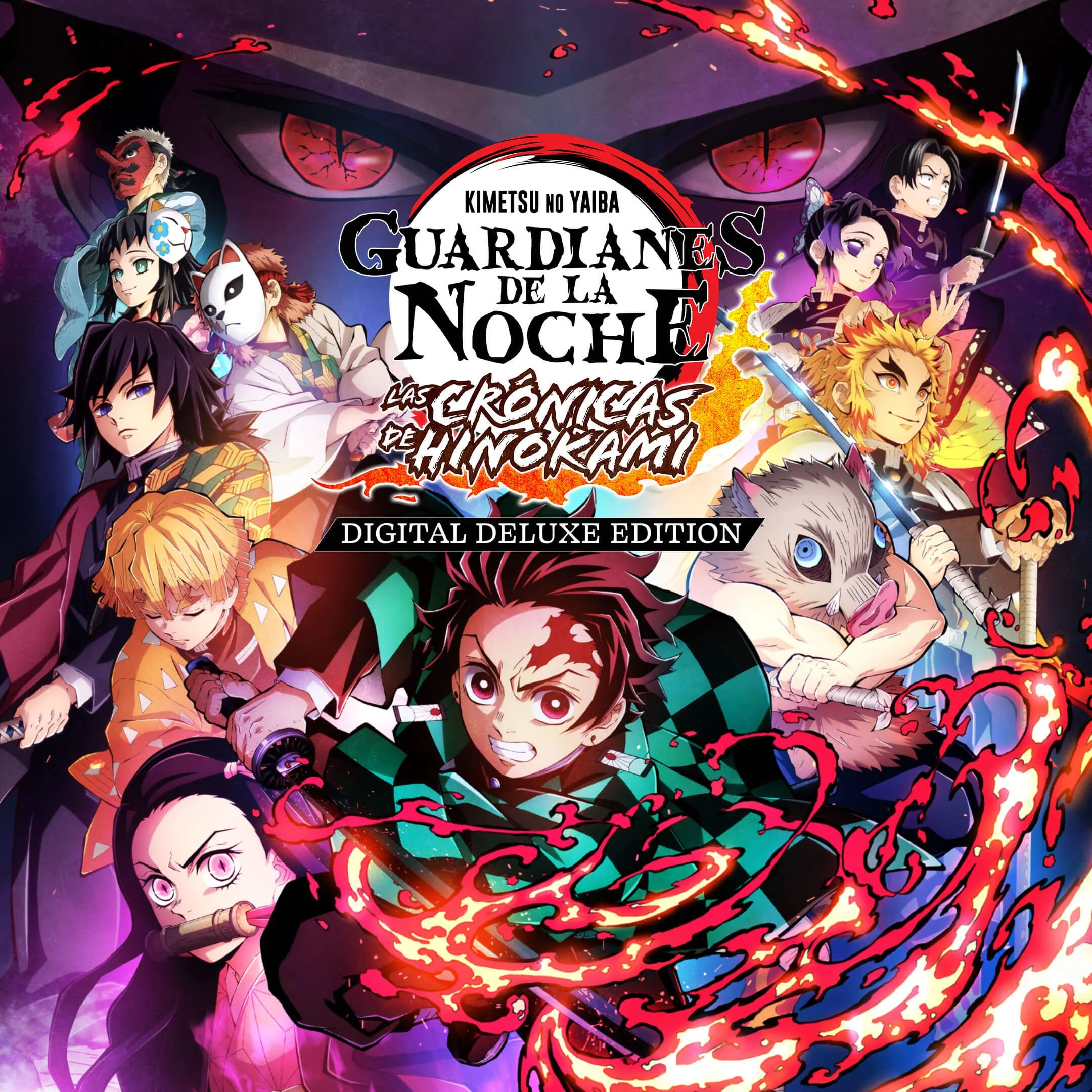Illustrated characters from the anime 'Demon Slayer: Kimetsu no Yaiba' on the cover of a video game, including Tanjiro Kamado wielding a sword with fiery effects, surrounded by other demon slayers and demons, with bold text and vibrant colors.