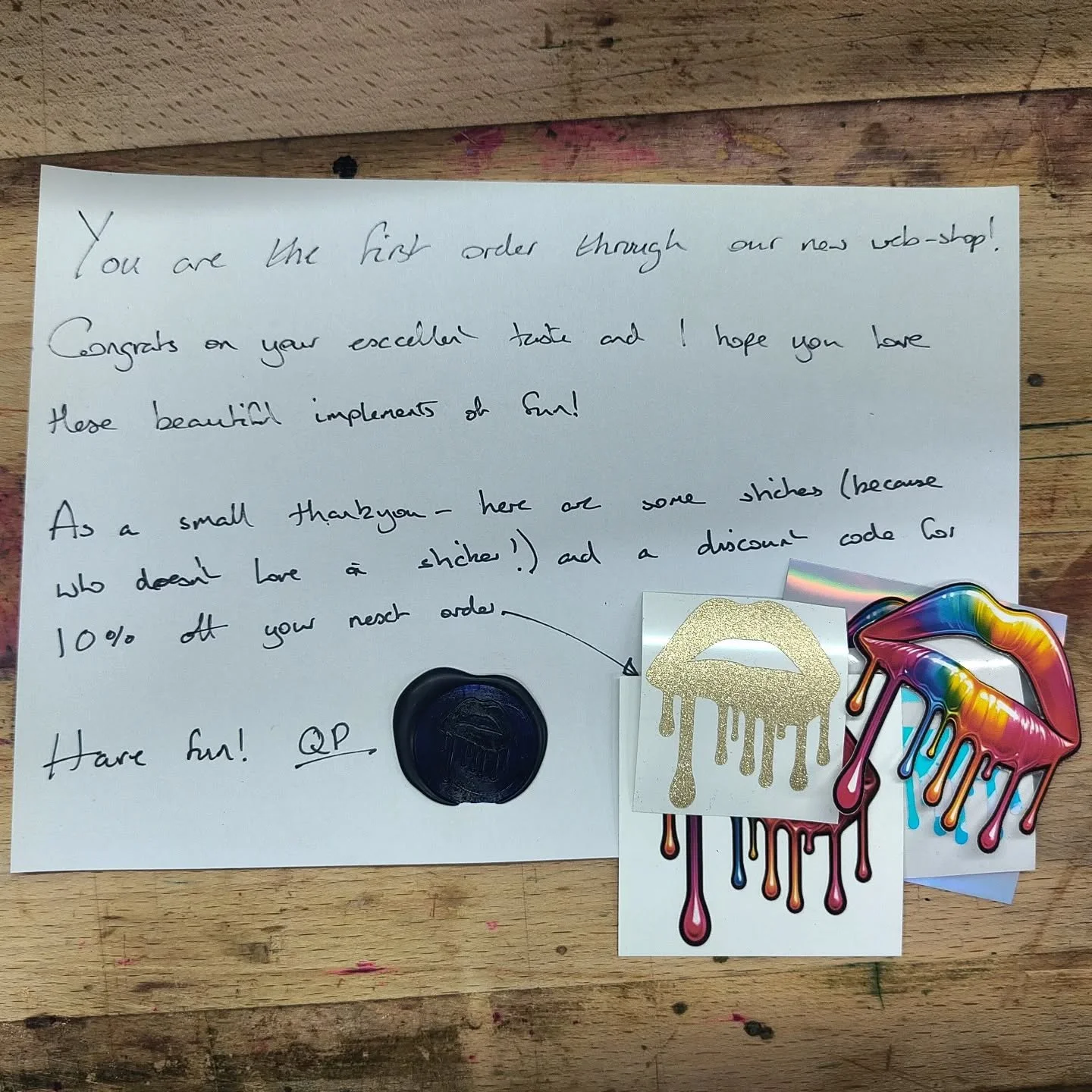 A quick note to THE FIRST ORDER THROUGH OUR NEW ONLINE STORE!!! (link in bio)

Yes I was smart enough to cover the discount code with the many stickers

And yes you do all get stickers if you order

#k!nk #impacttoys #impactplay #handmade