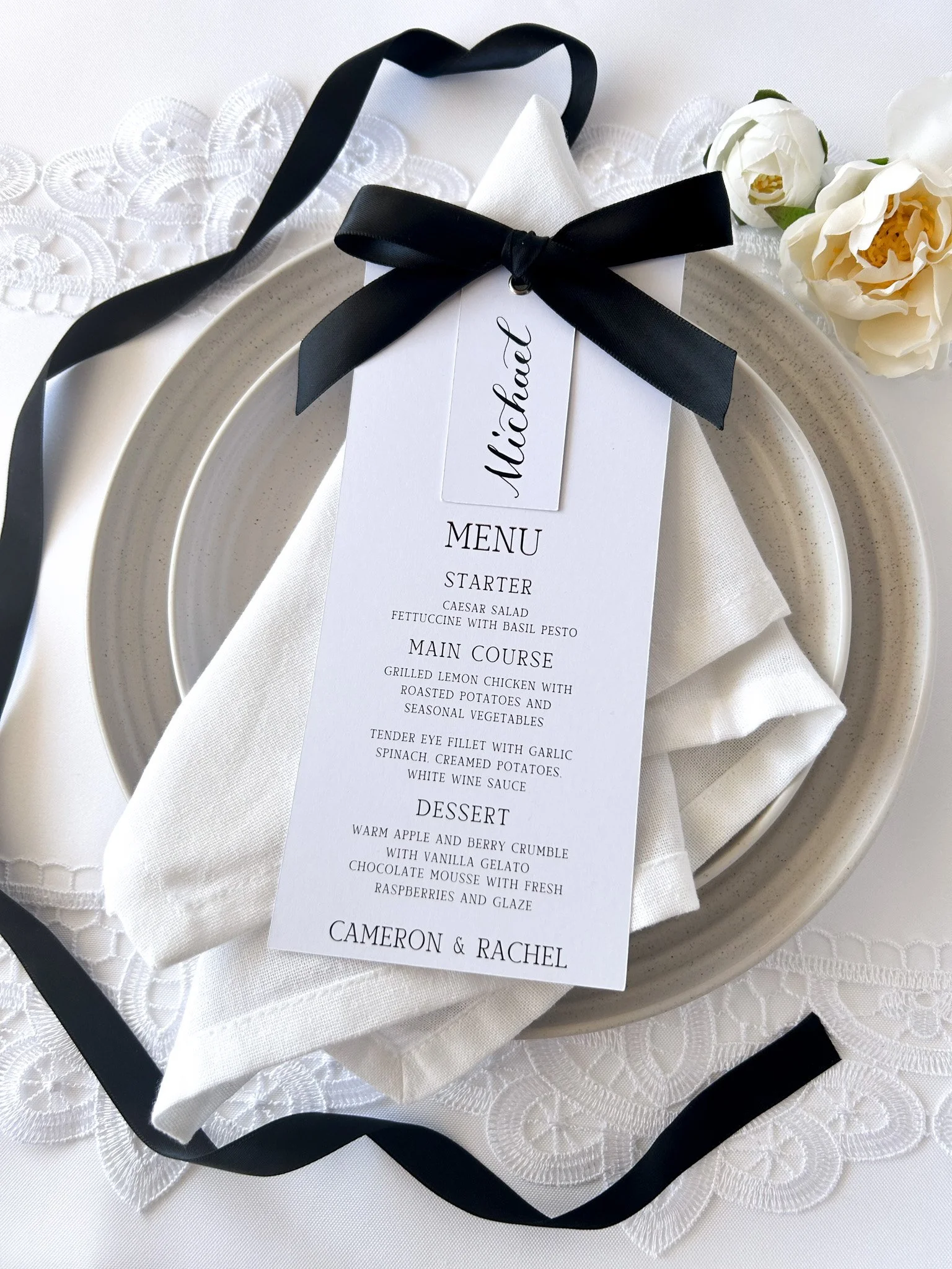 Wedding Menu and Place Card - Calligraphy and Bow