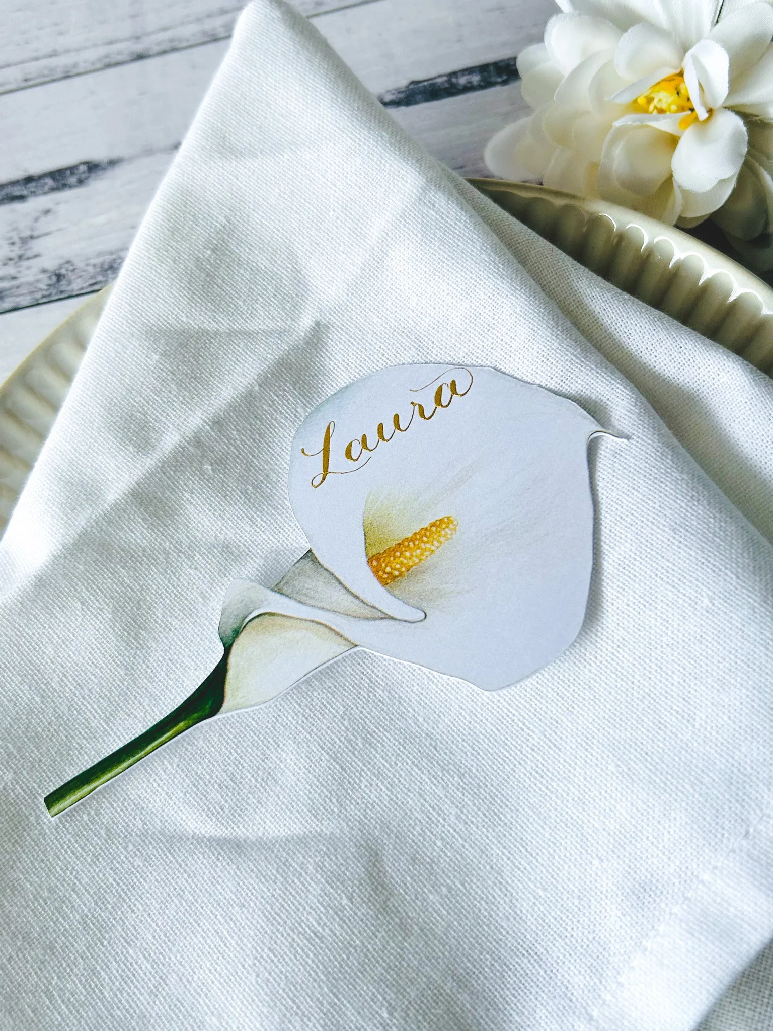 White Calla Lily Calligraphy Place Card