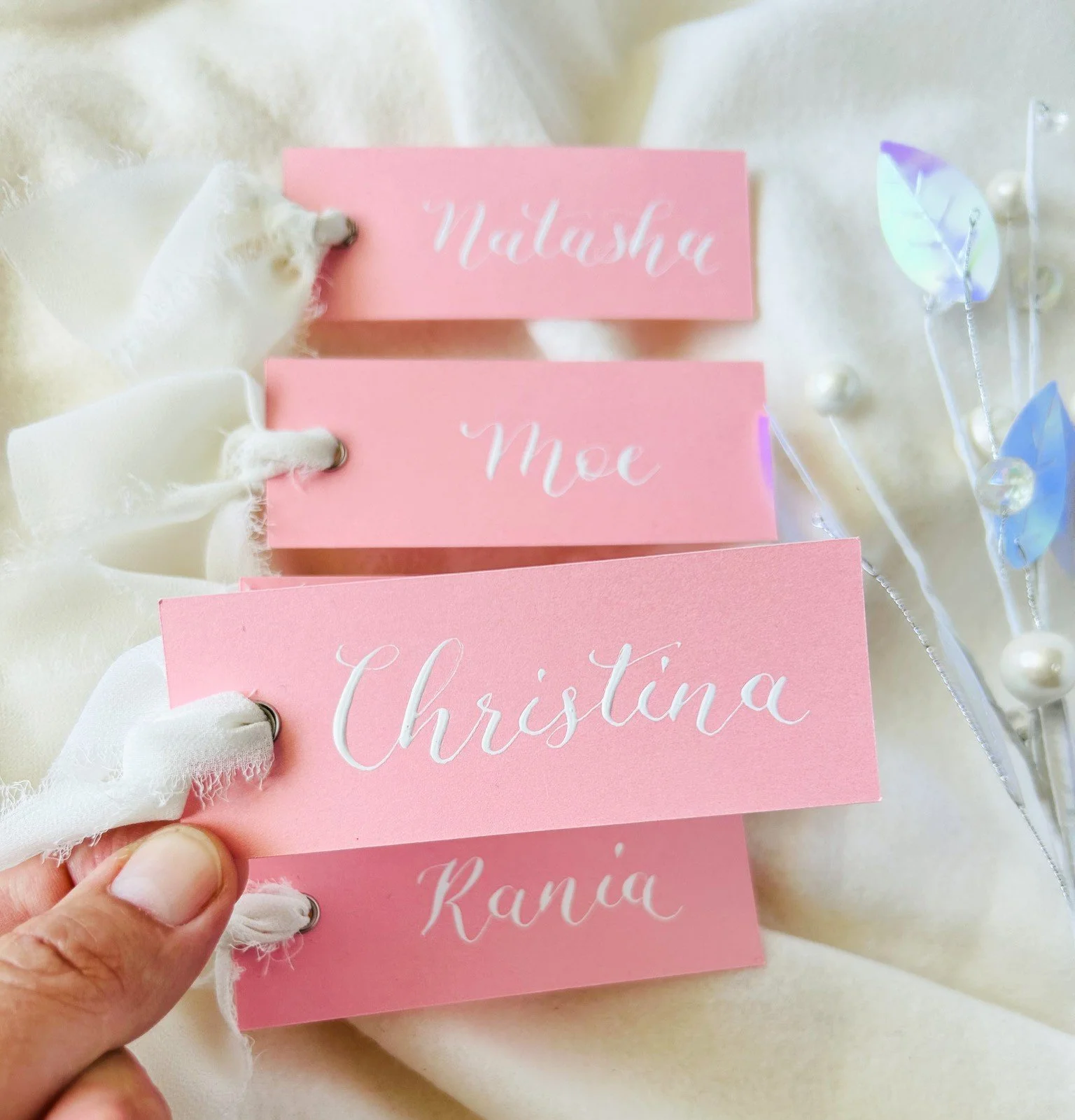 Rectangle Calligraphy Place Cards: Pearl Pink with White Chiffon Ribbon