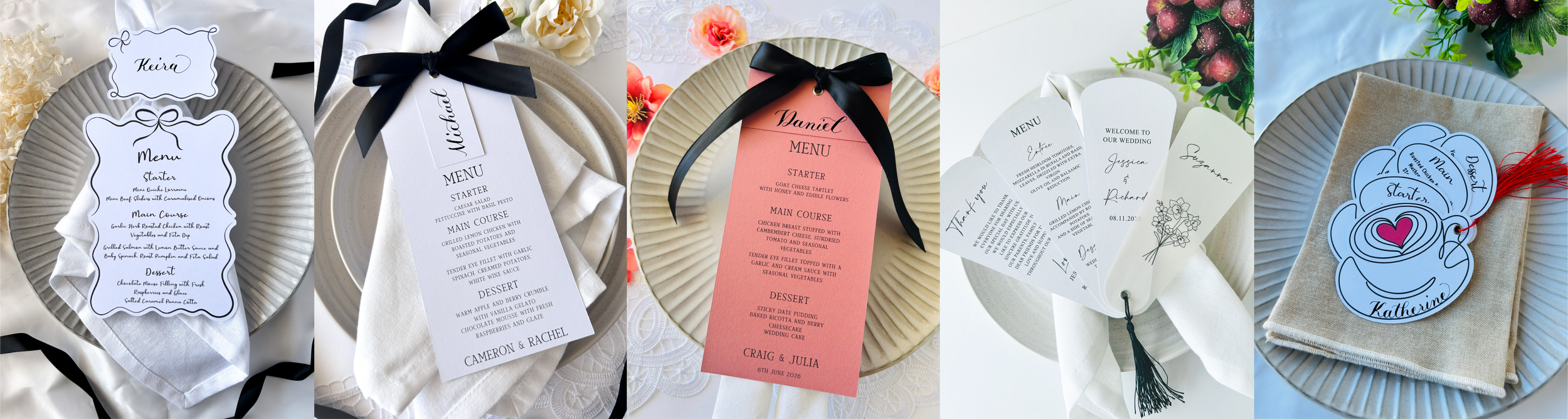 Sequence of five wedding menus, each on different colored paper and decorated with various tags, ribbons, and floral backgrounds.
