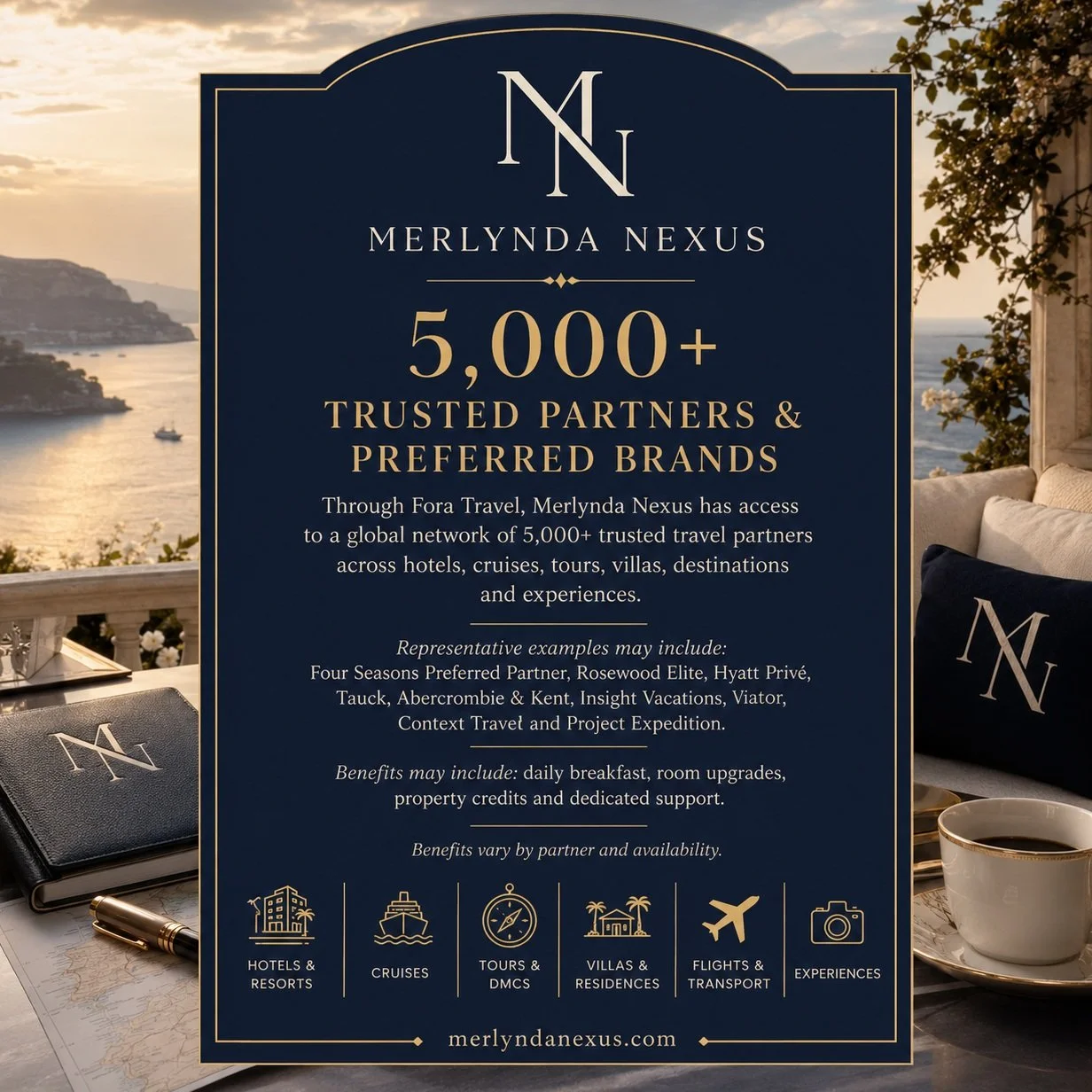 5,000+ travel partners. One journey, personally managed.

Through Fora Travel's global network, I can access options across hotels and resorts, cruises, tour operators and destination specialists, villas, transportation and experiences around the wor