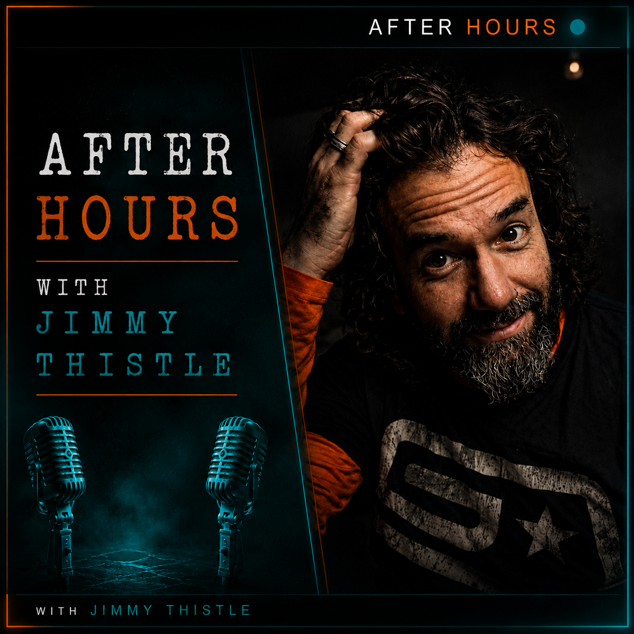Podcast cover art for 'After Hours with Jimmy Thistle' featuring a man with dark curly hair and beard, wearing a black t-shirt with a logo, smiling and touching his head, with blue microphones at the bottom.