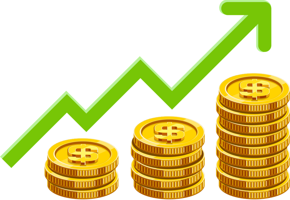 Gráficos de crescimento financeiro com moedas de dinheiro douradas empilhadas em diferentes alturas e uma seta verde apontando para cima.
