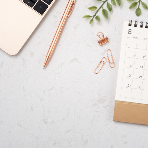 Desk workspace with laptop, rose gold pen, green plant, copper paper clips, and a spiral calendar.