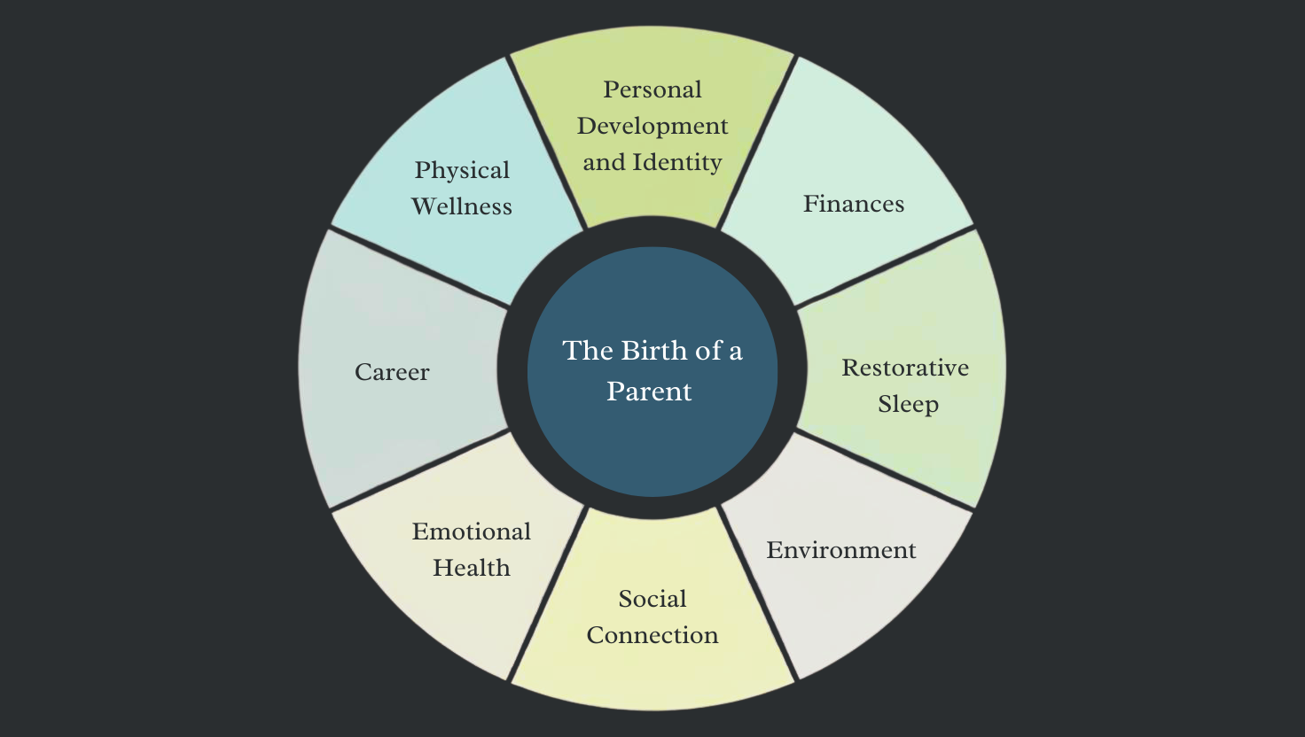 Circular diagram titled "The Birth of a Parent" showing eight sections: Personal Development and Identity, Finances, Restorative Sleep, Environment, Social Connection, Emotional Health, Career, and Physical Wellness.