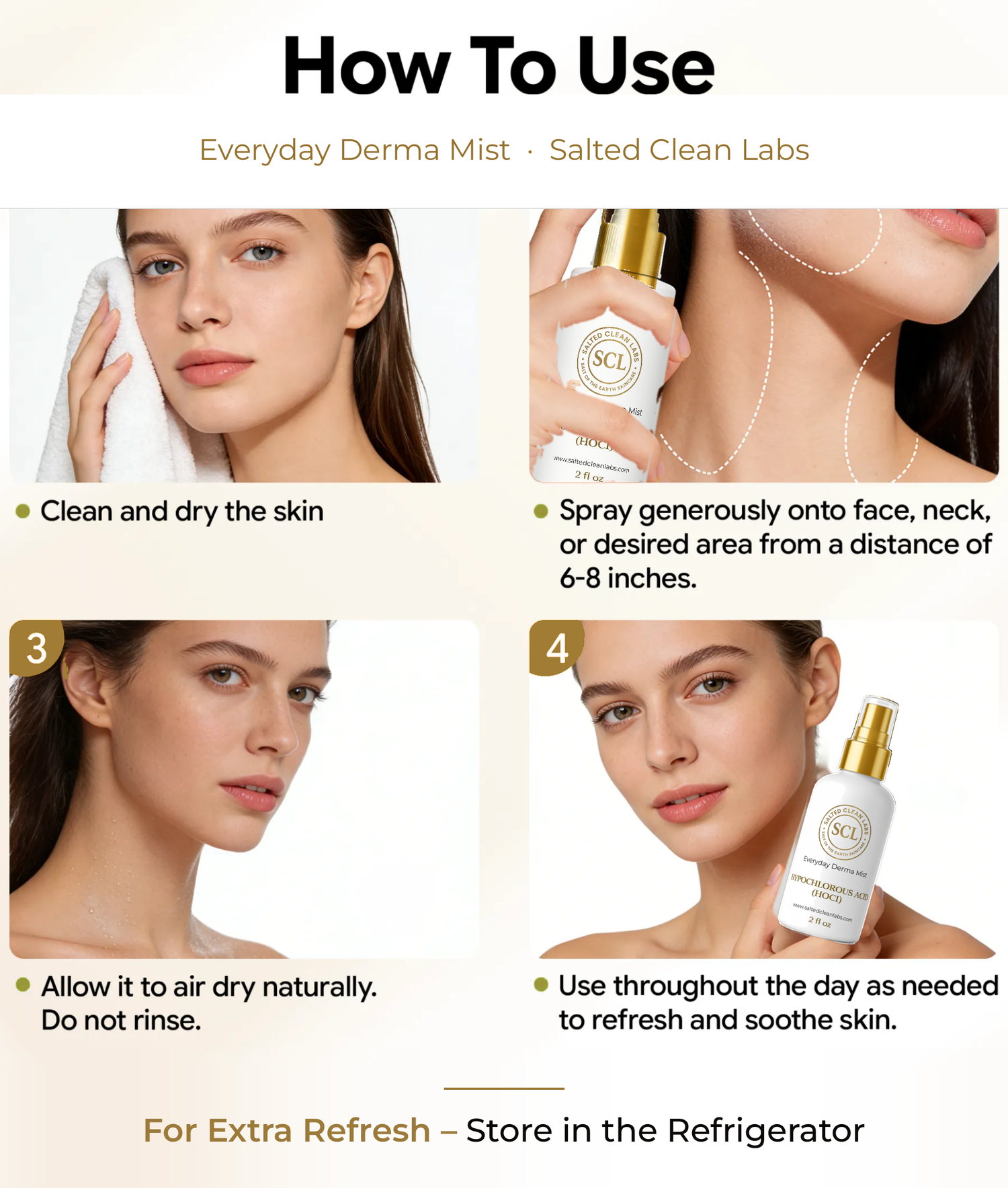 How to use Everyday Derma Mist: clean and dry the skin, spray from 6 to 8 inches, allow to air dry, use throughout the day