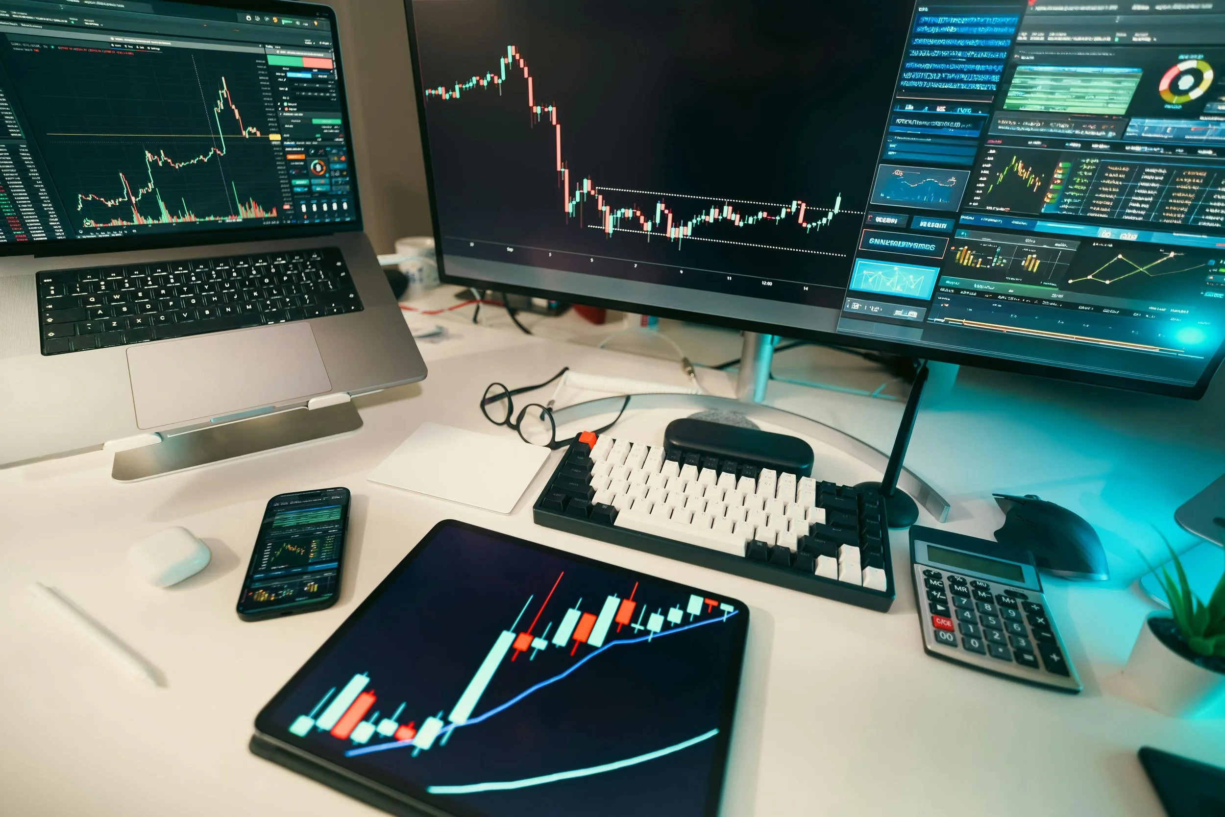 Multiple monitors displaying stock market charts and graphs, with a laptop, tablet, and smartphone showing financial data on a cluttered desk.