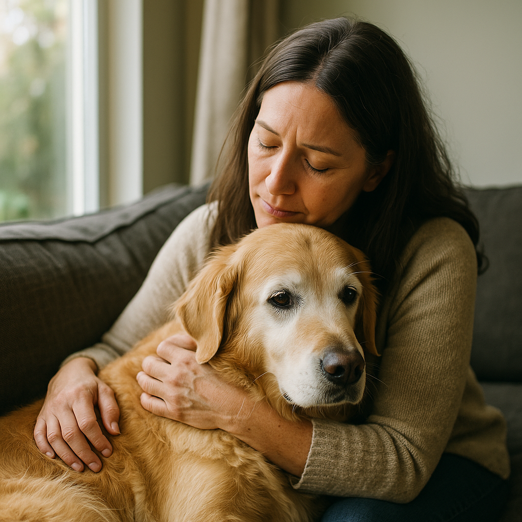 A woman sitting on a couch hugging a golden retriever dog, both appearing calm and content.
