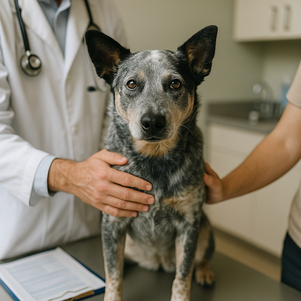 Veterinarian examining a black and white dog in an examination room.
