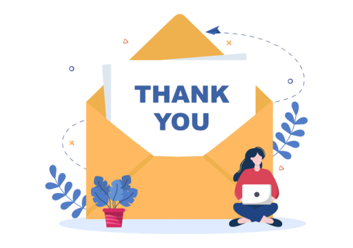 An illustration of an envelope with a thank you card inside, surrounded by books, a potted plant, and a person sitting on the floor using a laptop.
