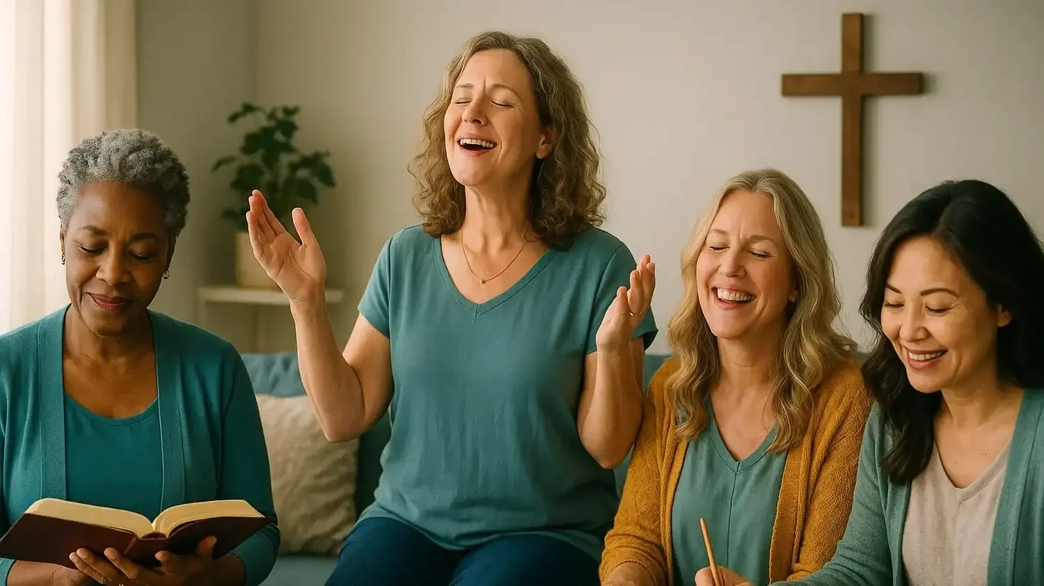 Joyful women community celebrating faith, happiness, and spiritual growth