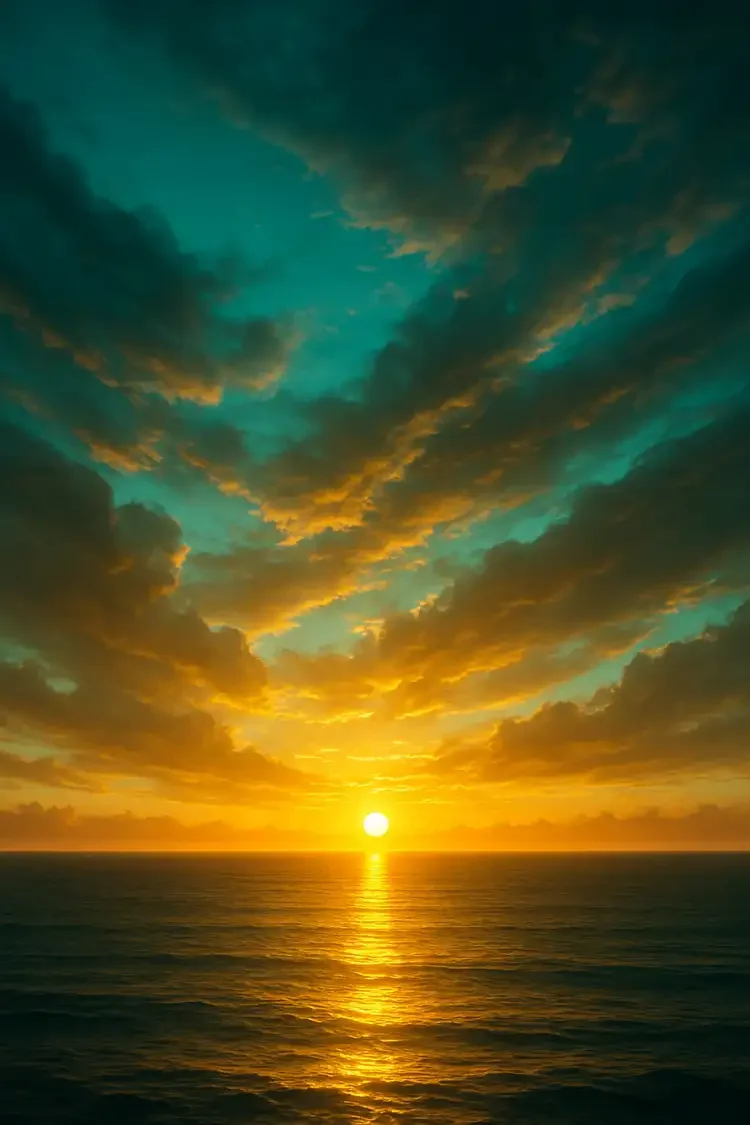 Sunset over the ocean with a dramatic sky filled with clouds and vibrant colors