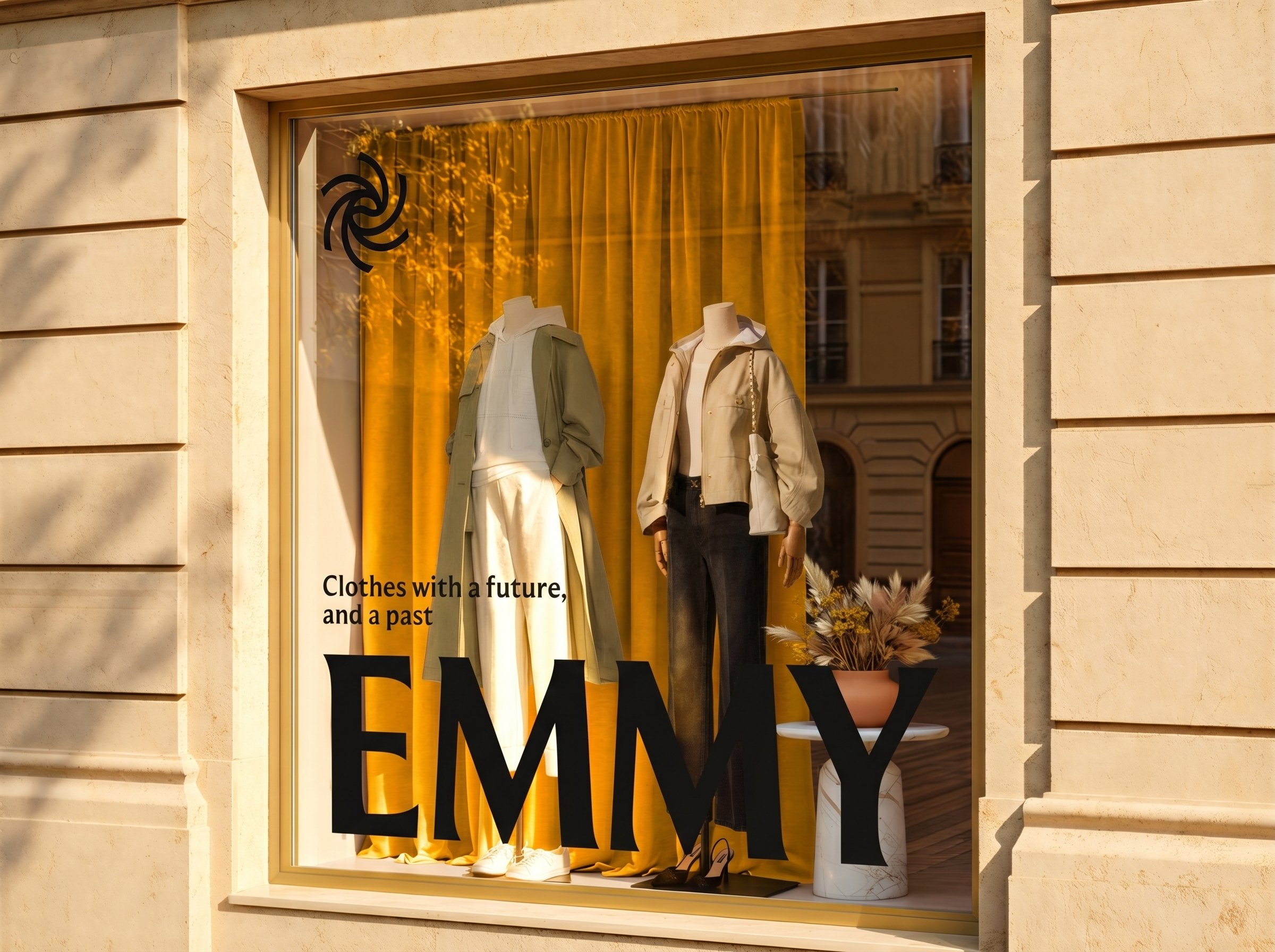 Store window display. The window features a large Emmy woordmark, the logo symbol, and tagline "Clothes with a future, and a past". There are two mannequins in the window, in front of a vibrant yellow curtain.