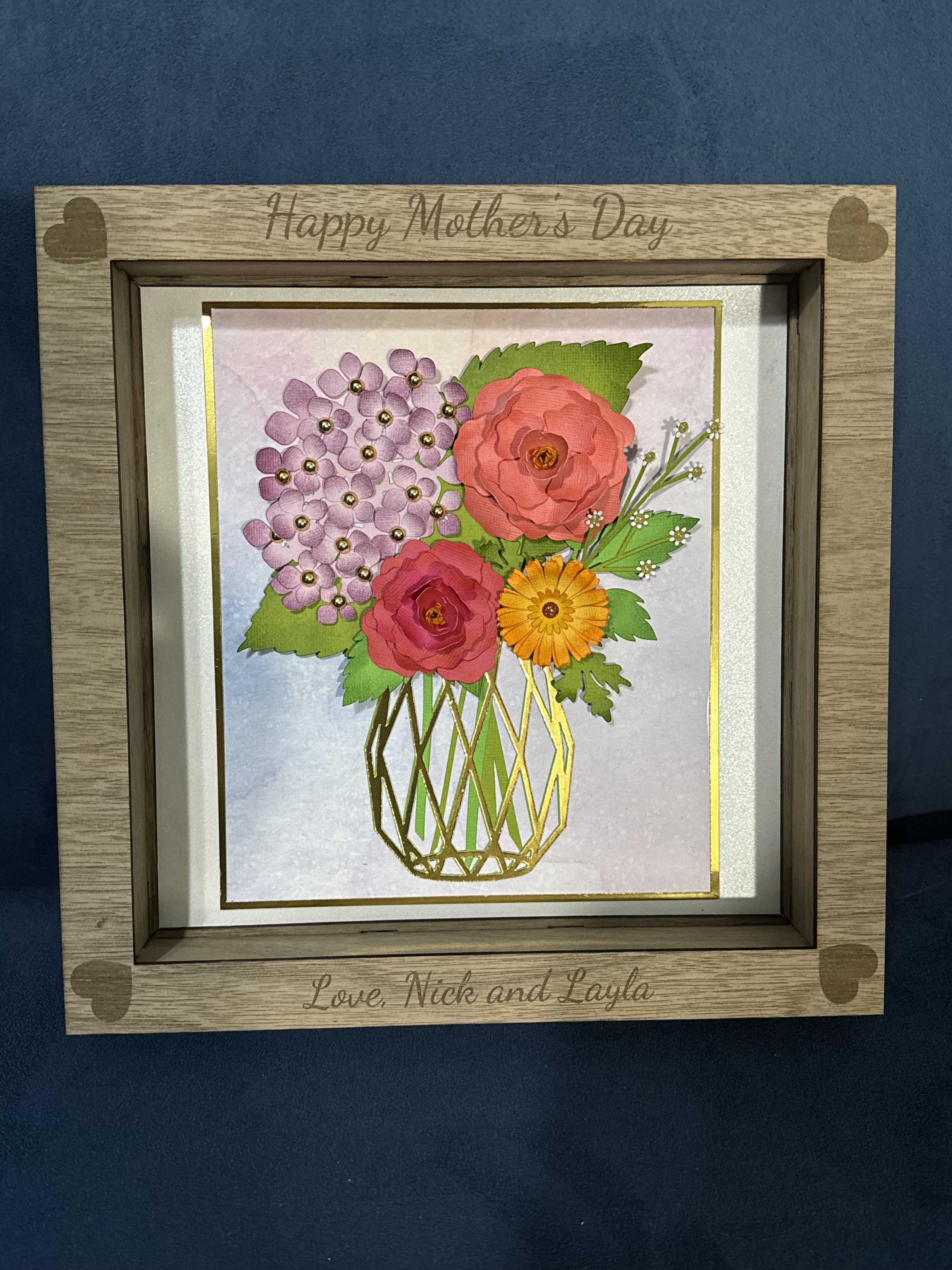 Paper Flowers in Wooded Shadow Box