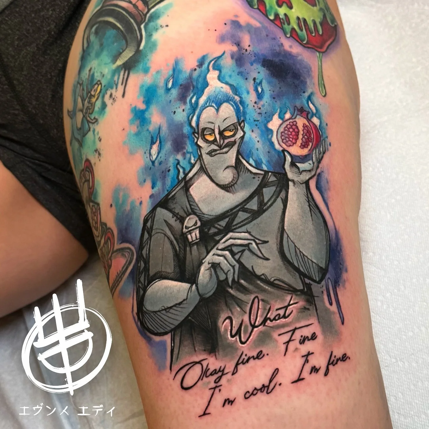 Good evening :) this is the piece I have did the second day at @arttattooquebec the saturday Super fun #hadez from #Hercules 🫶🏻 One of my favorite #disney villain ⚡️⚡️⚡️Made with love and @starbritecolors @purklenz @hustlebutterdeluxe @tommyssuppli