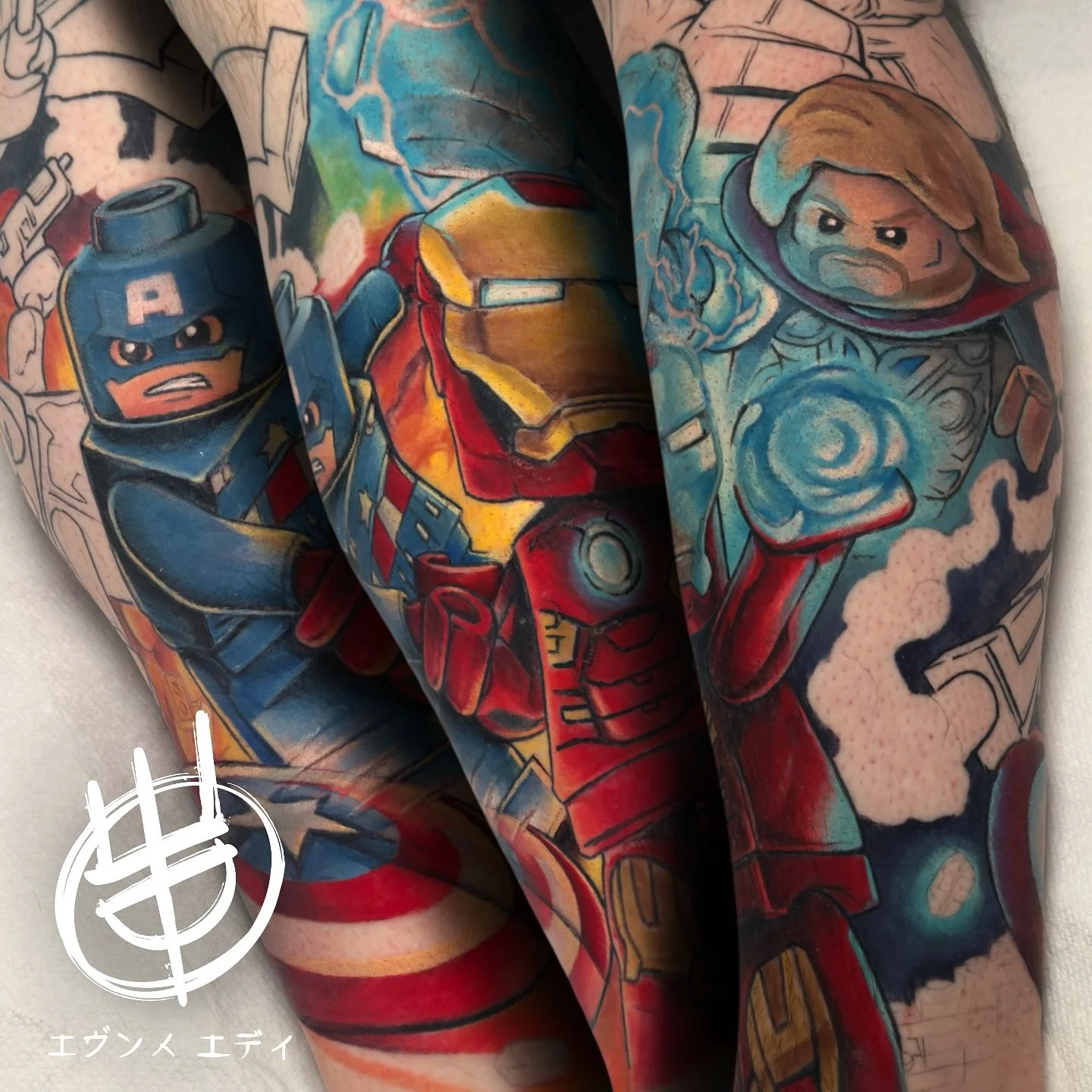 Super #avengers #lego #legsleeve in progress #wip 🤓 Made with love and @starbritecolors @purklenz @hustlebutterdeluxe @tommyssupplies @ajconly_official  #starbritecolors #colortattoo #geektattoo #ink #inked  #otaku #tattooed #tattoos #anime #animelo