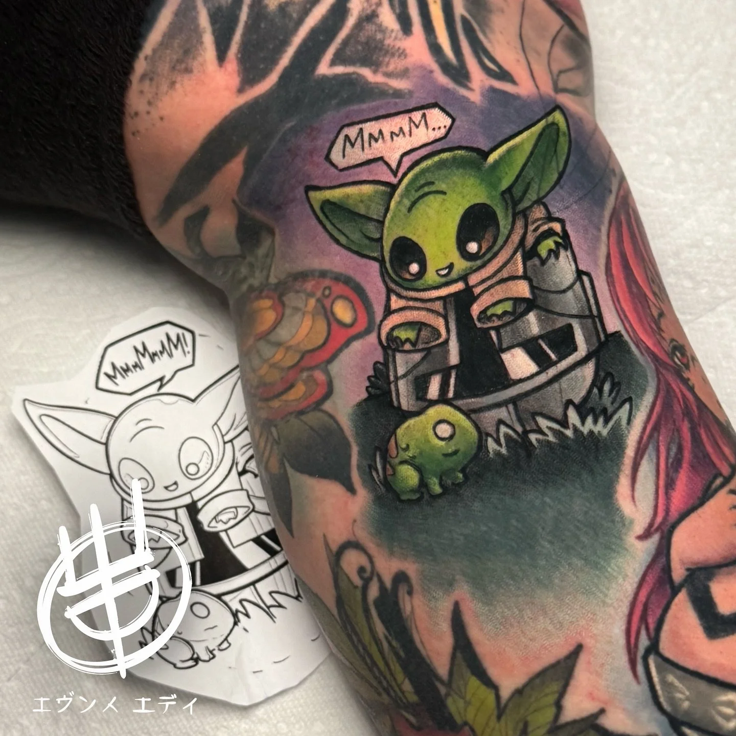 Cute little ( #babyyoda ) #grogu as #filler in her leg :) Thanks Alexandra⚡️⚡️⚡️Made with love and @starbritecolors @purklenz @hustlebutterdeluxe @tommyssupplies @ajconly_official  #starbritecolors #colortattoo #geektattoo #ink #inked  #otaku #tattoo