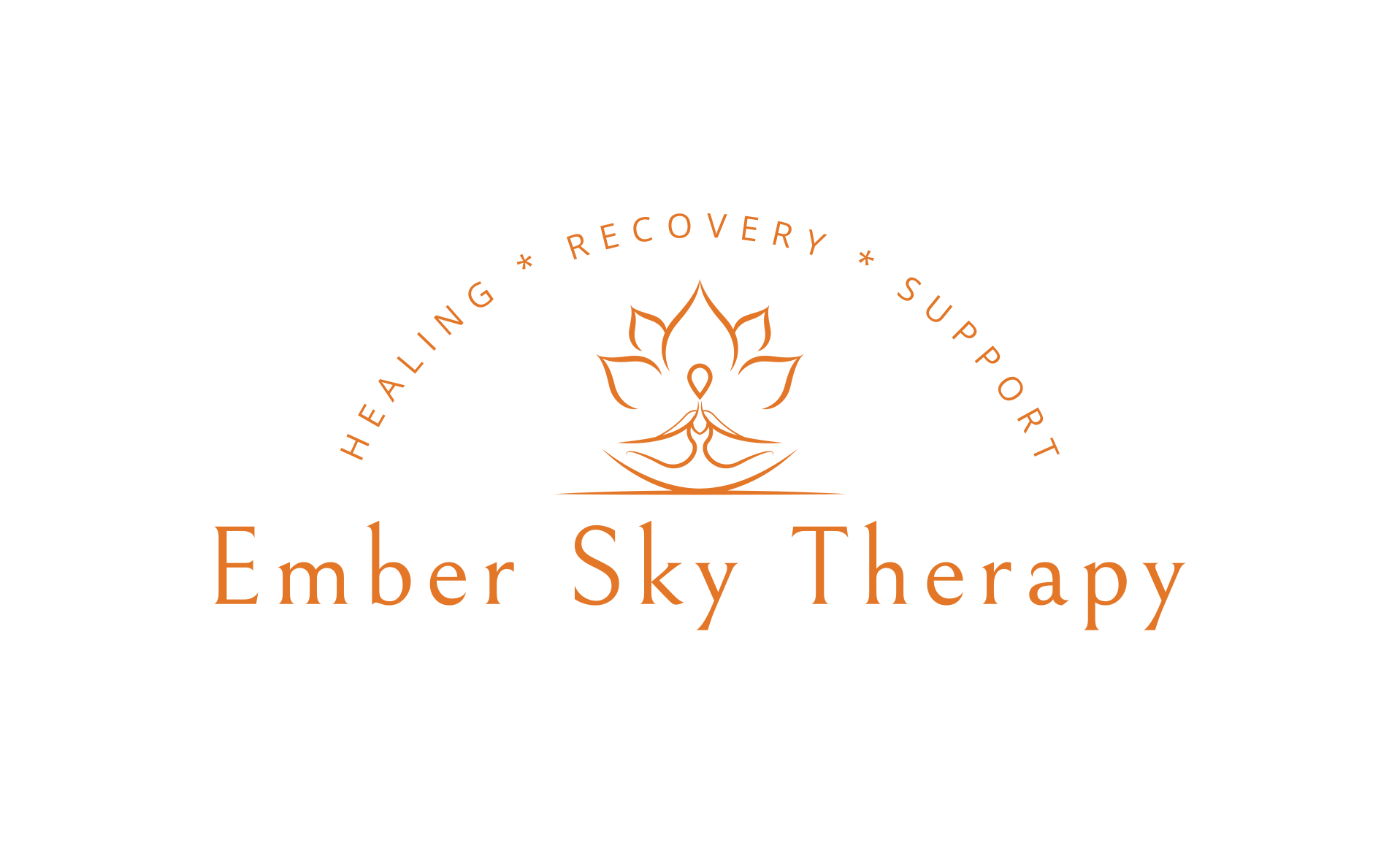 Ember Sky Therapy, a Trauma Therapy service in Taunton, Somerset, featuring a stylised lotus flower, a person meditating, and the words 'Healing', 'Recovery', 'Support' in an arc above the lotus, with the name 'Ember Sky Therapy' below.