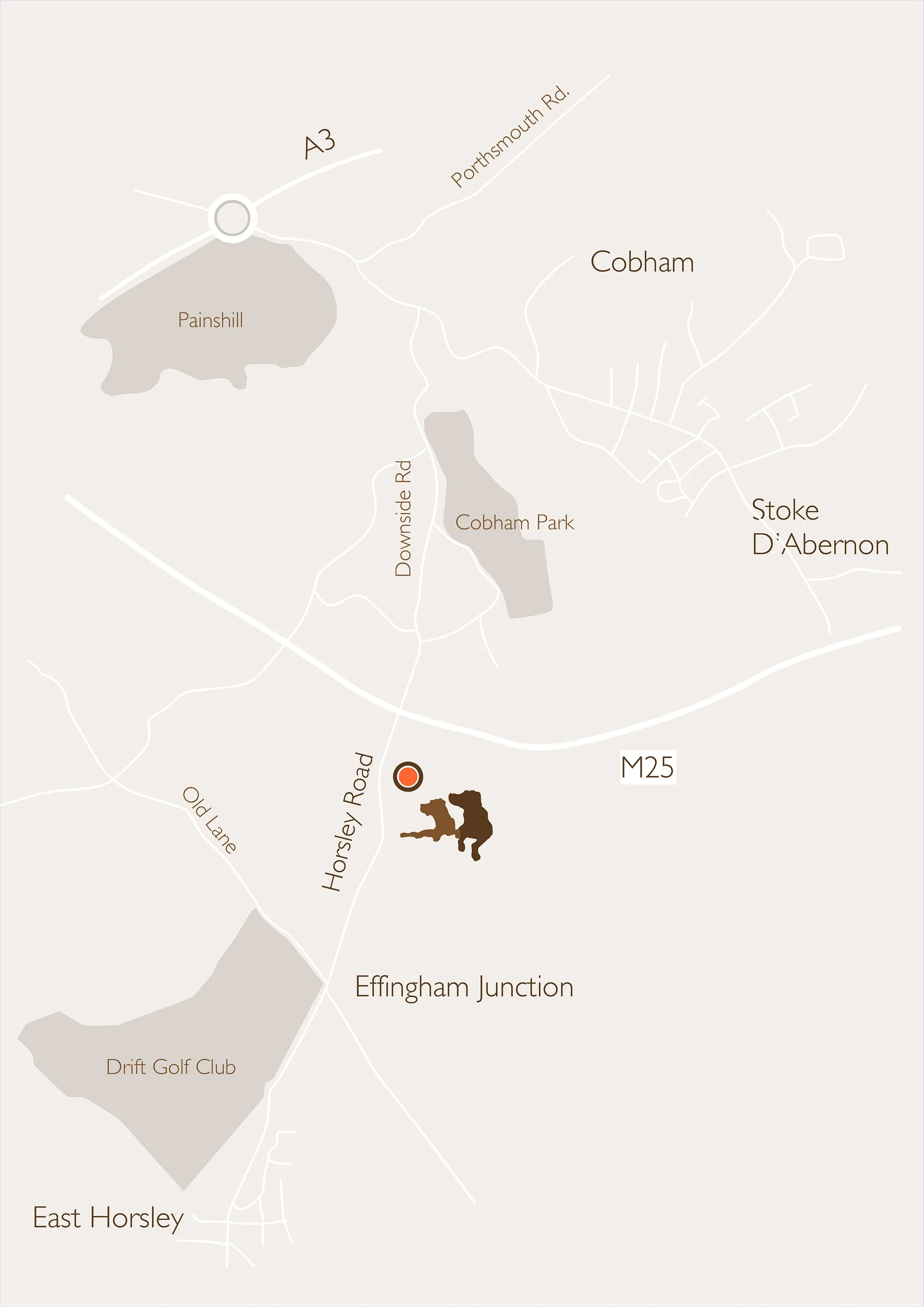 Map showing the area around Horsley Road in Stoke D'Abernon, including Cobham, Cobham Park, Painshill, Drift Golf Club, and East Horsley, with roads like A3, M25, and locations like Effingham Junction.