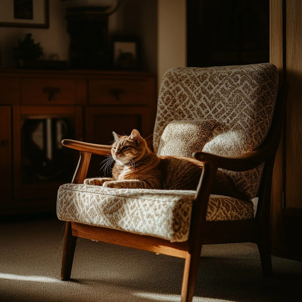 A cat lying on a patterned armchair illuminated by sunlight in a cozy room.