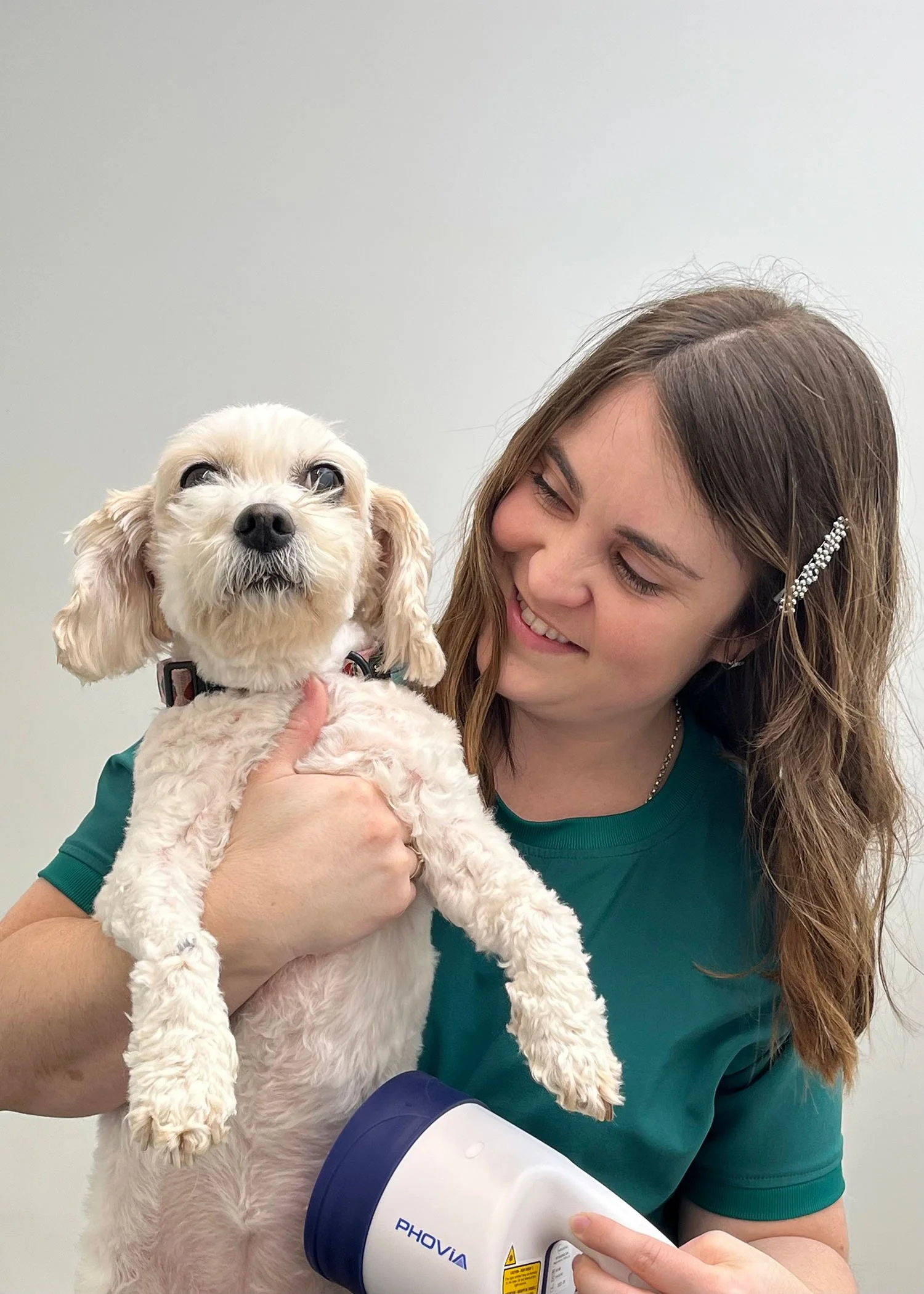 A woman smiling while holding a small, curly-haired dog with light-colored fur and floppy ears, against a plain light-colored background.