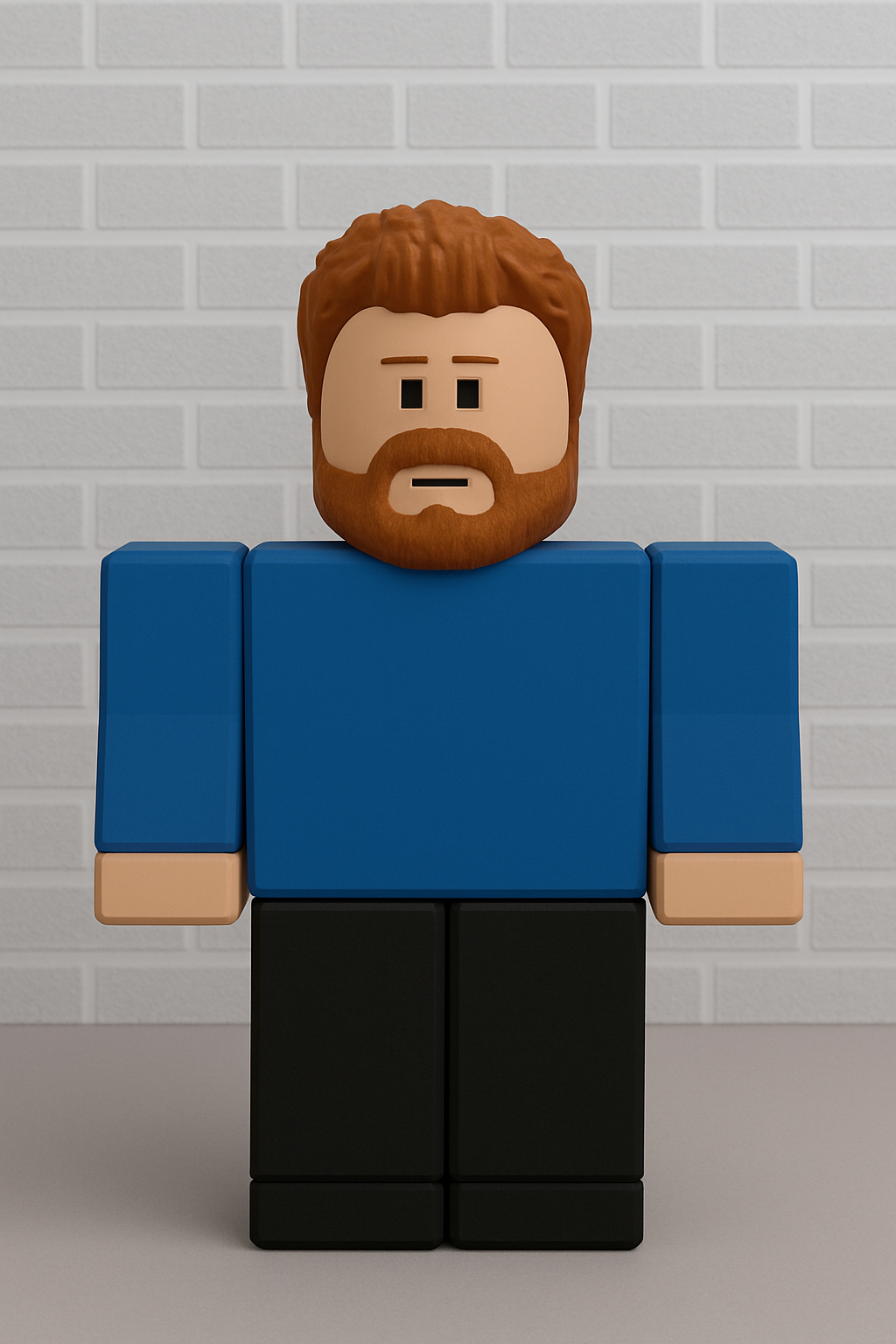 A blocky toy figure resembling a man with brown hair and beard, wearing a blue shirt and black pants, standing against a white brick wall.