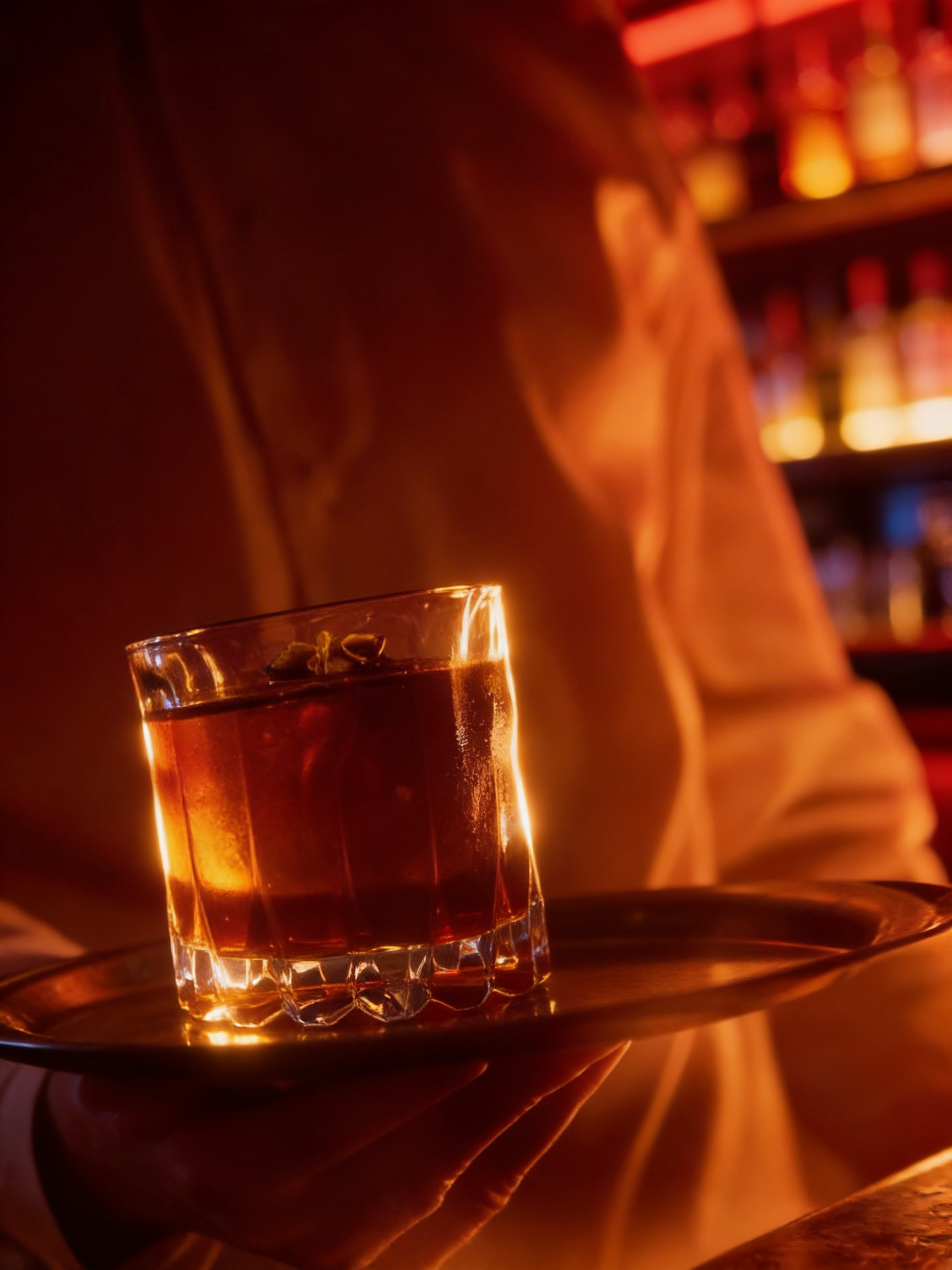 A person wearing a beige shirt holding a silver tray with a glass of dark-colored beverage garnished with herbs, in a dimly lit bar setting.