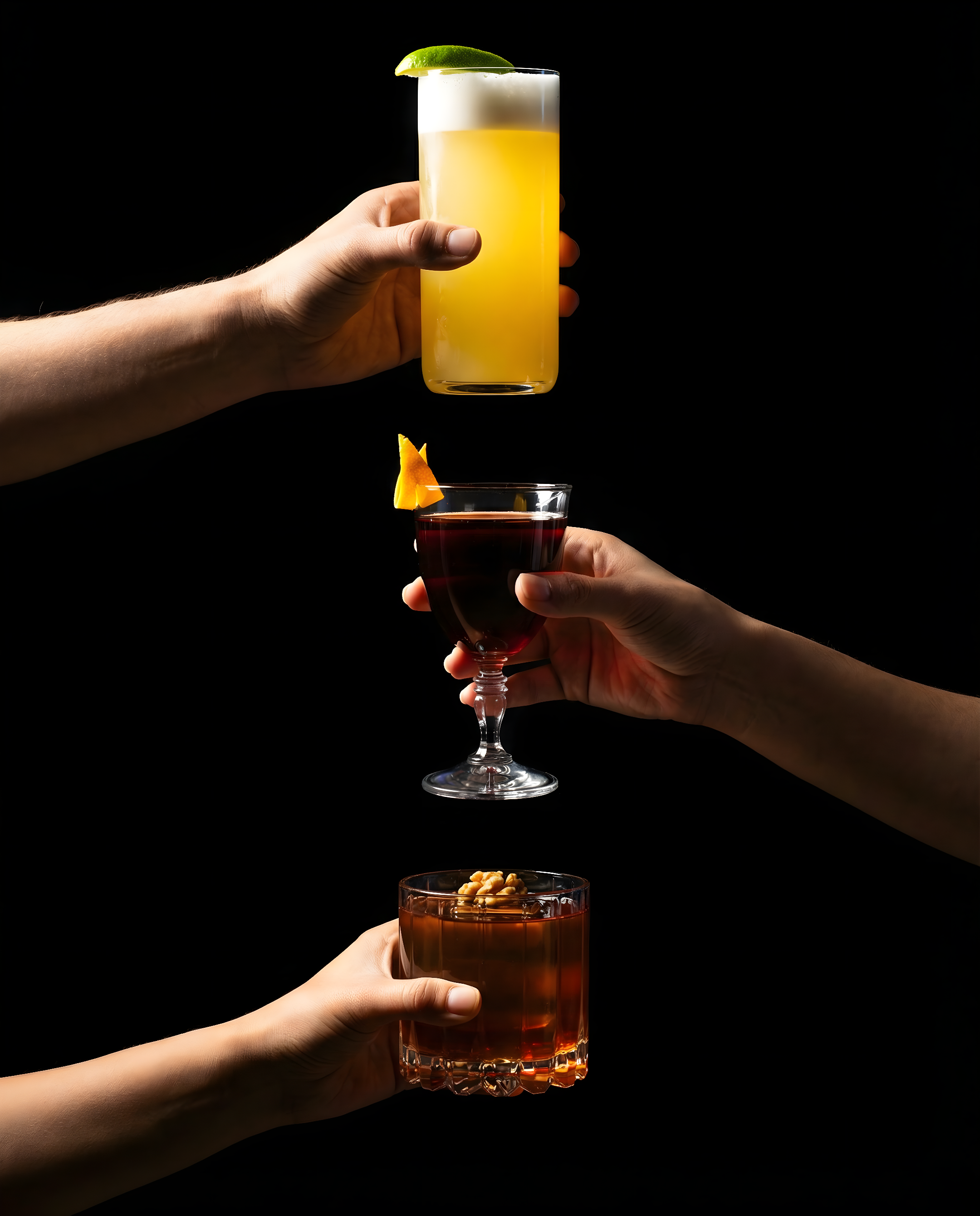 Three hands holding different types of drinks against a black background. The top drink is a yellow beverage with a lime slice, the middle drink is red with an orange slice, and the bottom drink is a brown cocktail with nuts on top.