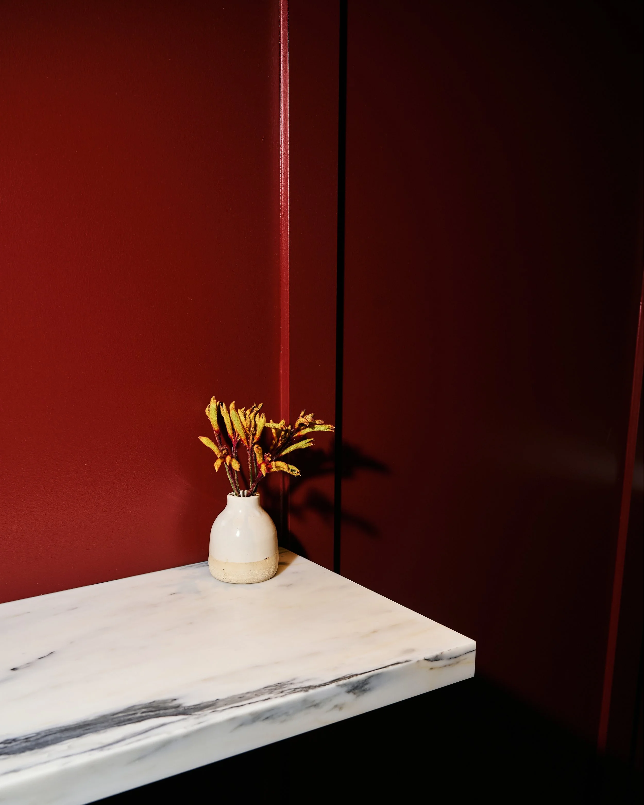A white vase with a small plant, placed on a white marble countertop with gray and black veins, against a deep red wall and partially visible black door or panel.
