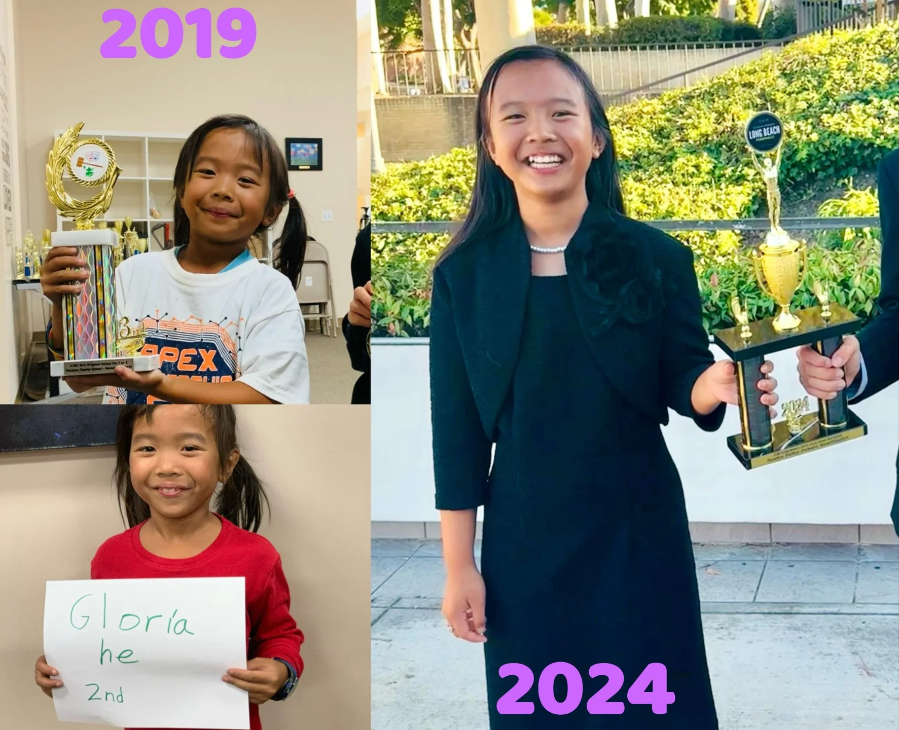 Collage of three photos showing a girl at different ages. Top left, in 2019, she holds a trophy and wears a white shirt. Bottom left, she holds a sign that reads "Gloria the 2nd" and wears a red shirt. Right, in 2024, she is dressed in a black outfit
