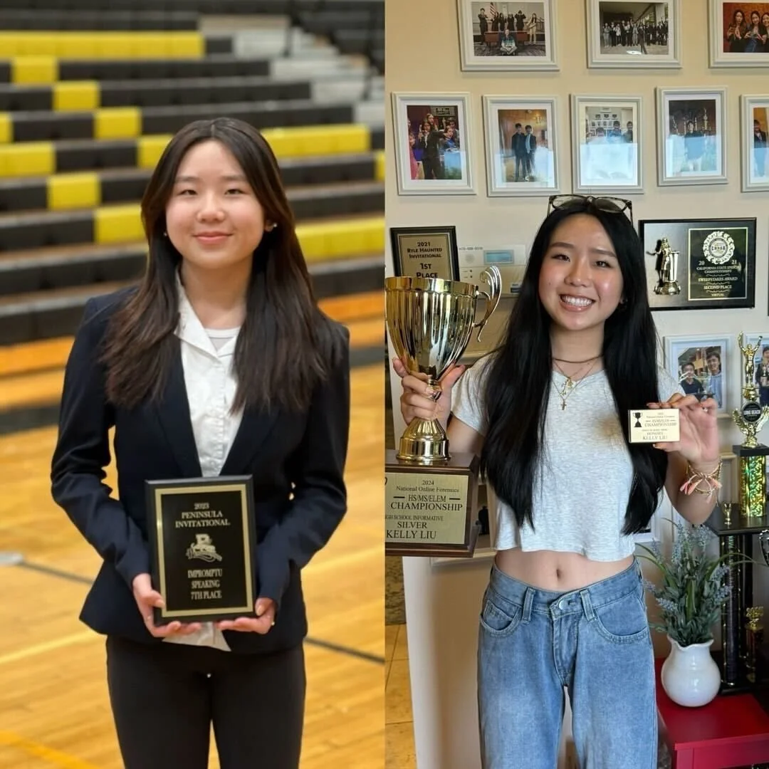 Two young women, both smiling and holding awards. The woman on the left is dressed in a black blazer and pants, holding a plaque that reads, "2013 Peninsula Invitational Impromptu Speaking 1st Place" in a gymnasium with yellow and black bleachers in 