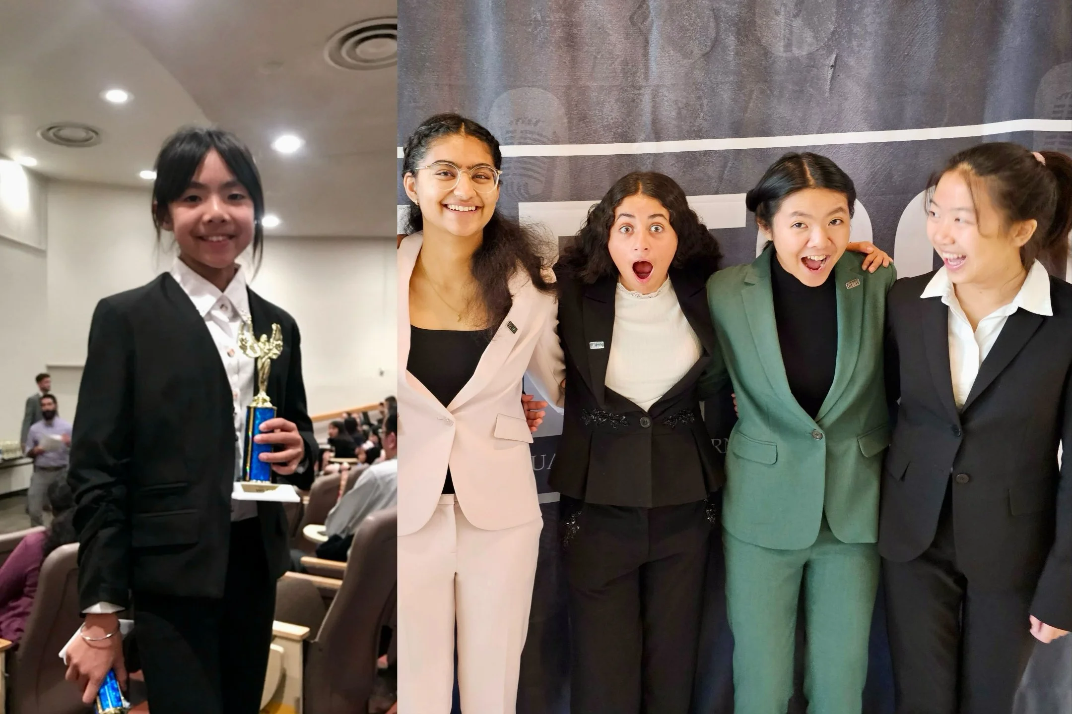 Young girl in black suit holding a trophy at an award ceremony, with a group of women in business attire celebrating behind her.