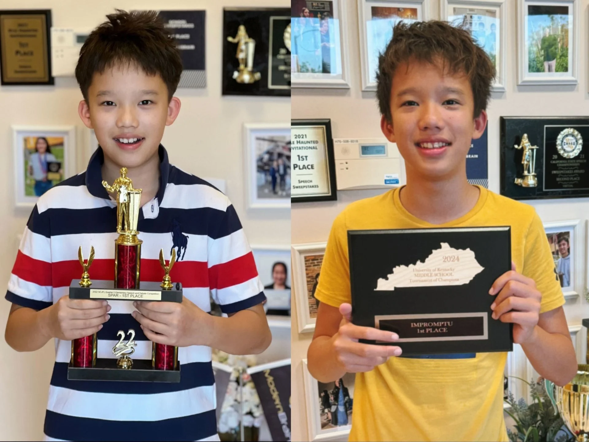 Two boys holding trophies and certificates. The boy on the left wears a striped polo shirt, holds a tall trophy, and smiles. The boy on the right wears a yellow shirt, holds a framed certificate, and also smiles. They are indoors, with framed awards 