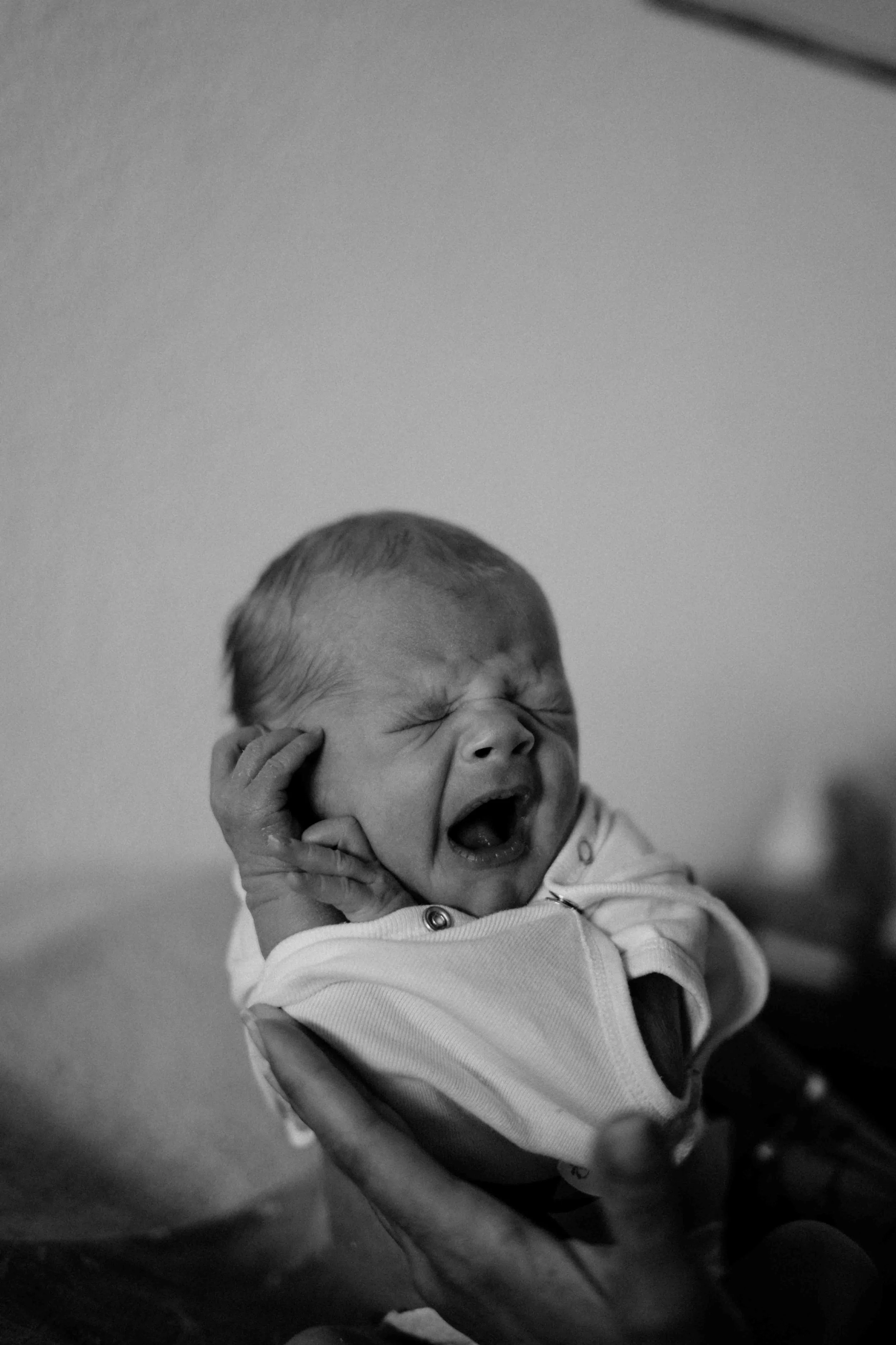 Ein neugeborenes Baby gähnt oder weint mit leicht geöffnetem Mund in die Händen einer Person