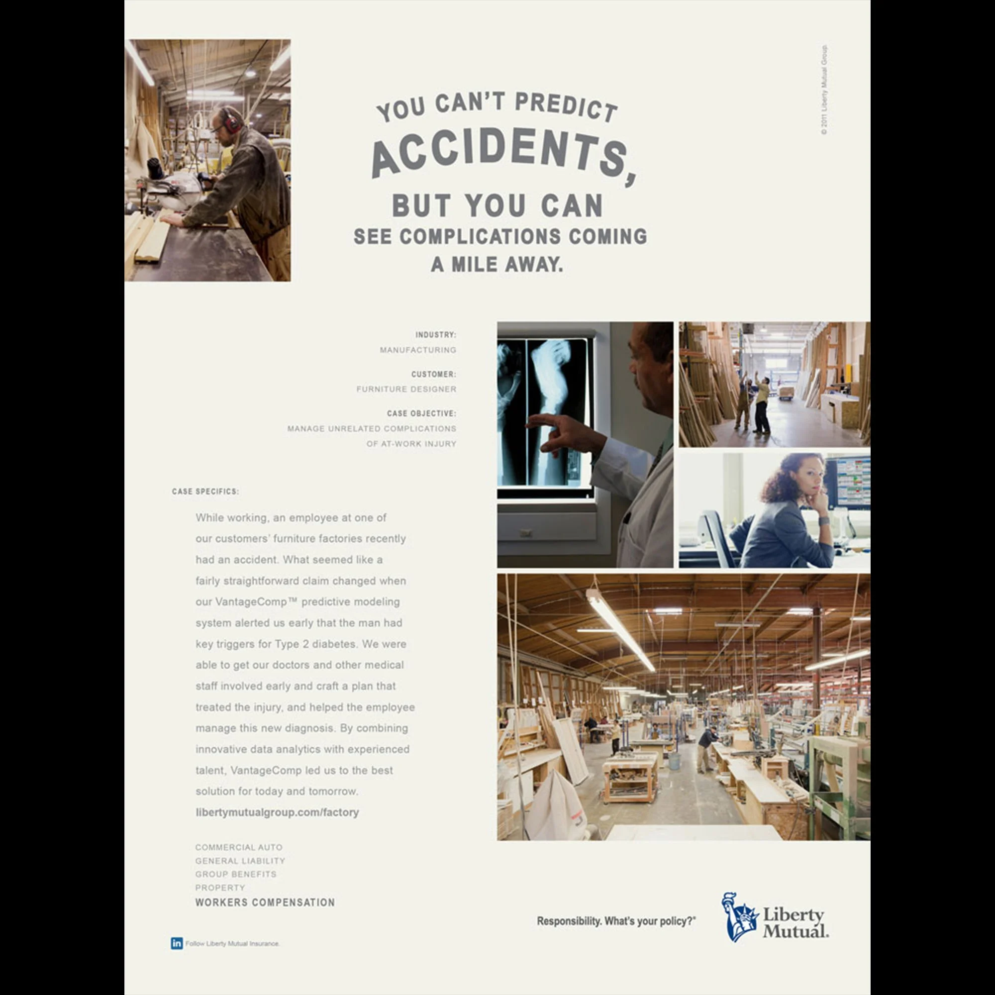 A four-page brochure with text and images. The left page features a man working in a wood shop with wood planks, and the right pages show a warehouse with people working among shelves of wood and furniture. The brochure advertises insurance services from Liberty Mutual, highlighting workplace safety and accident prevention.
